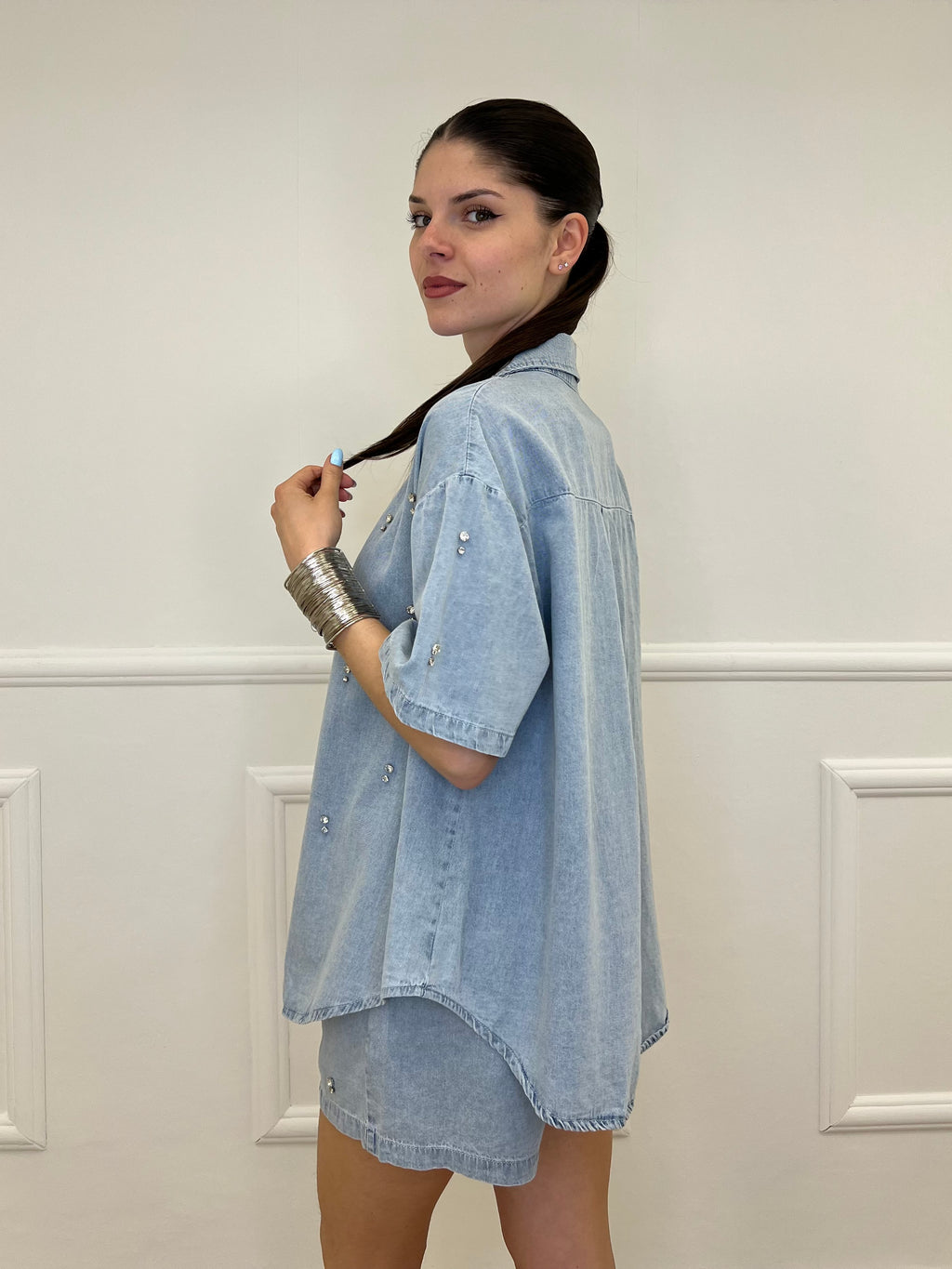 Completo Shorts Denim Con Strass 3048 Azzurro
