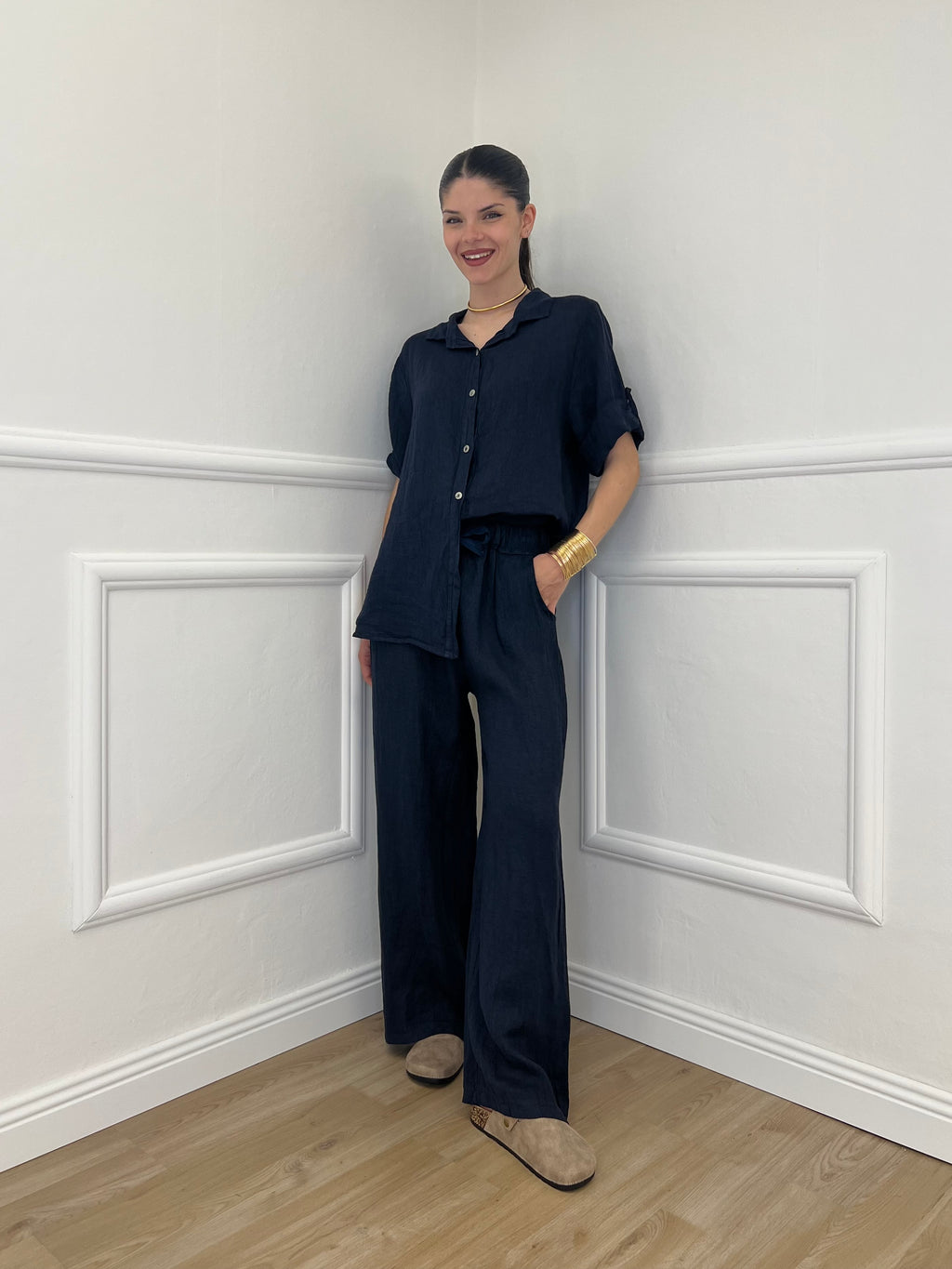 Camicia Maniche 3/4 in Lino 89517 Blu