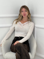 Maglia Scollo a V Ultralight con Cashmere e Pizzo