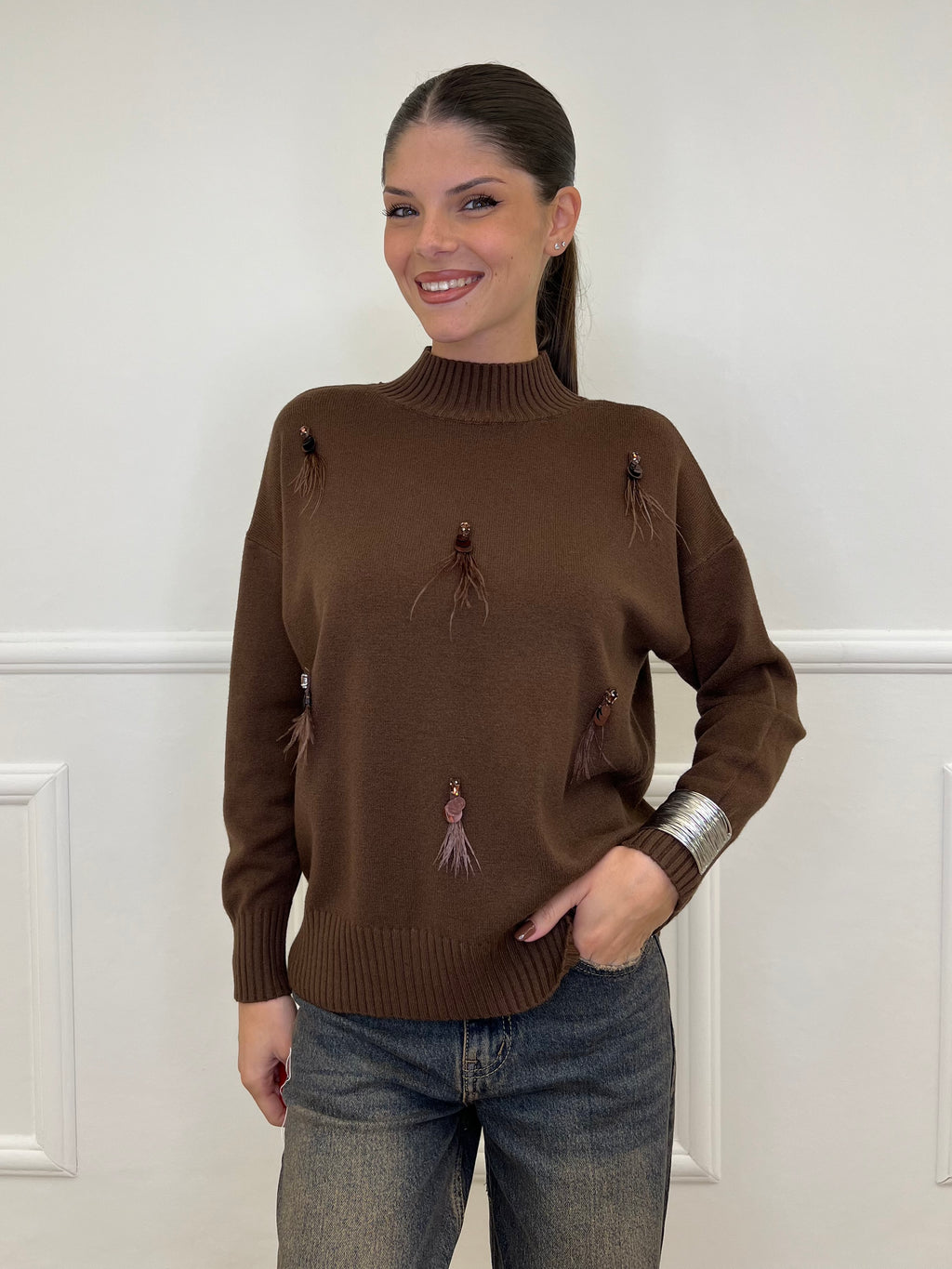 Maglia Strass e Piume DL7355 Marrone