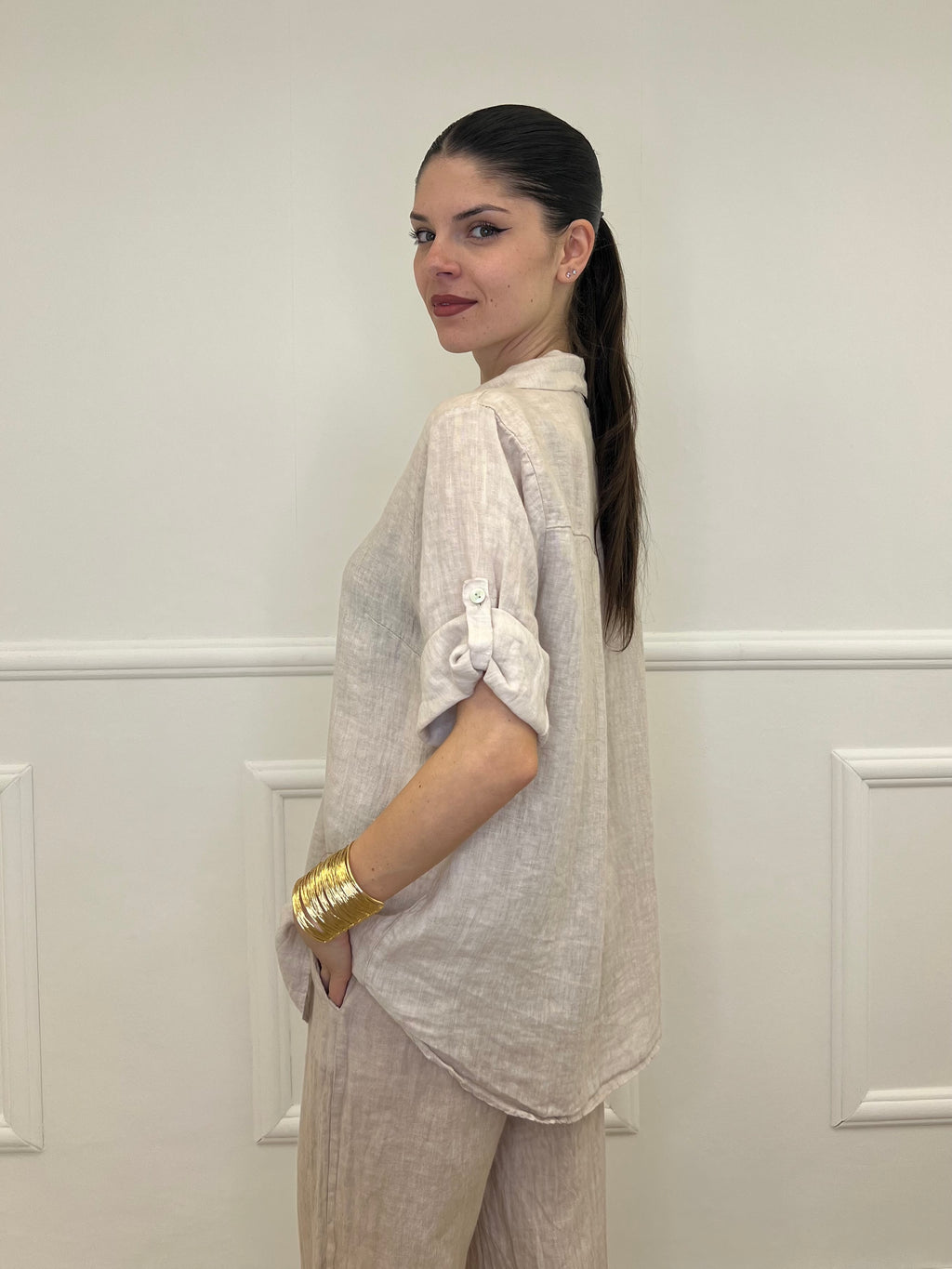 Camicia Maniche 3/4 in Lino 89517 Beige