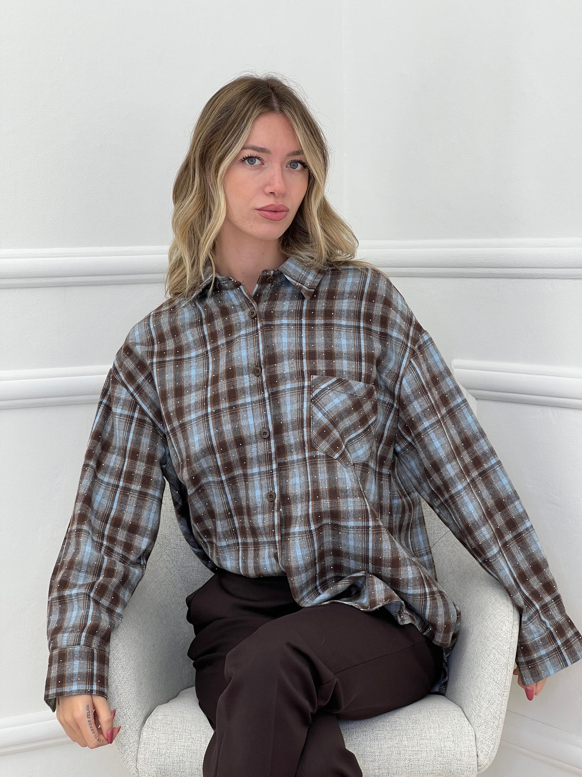 Camicia Check Strass 19108 Azzurro e Marrone