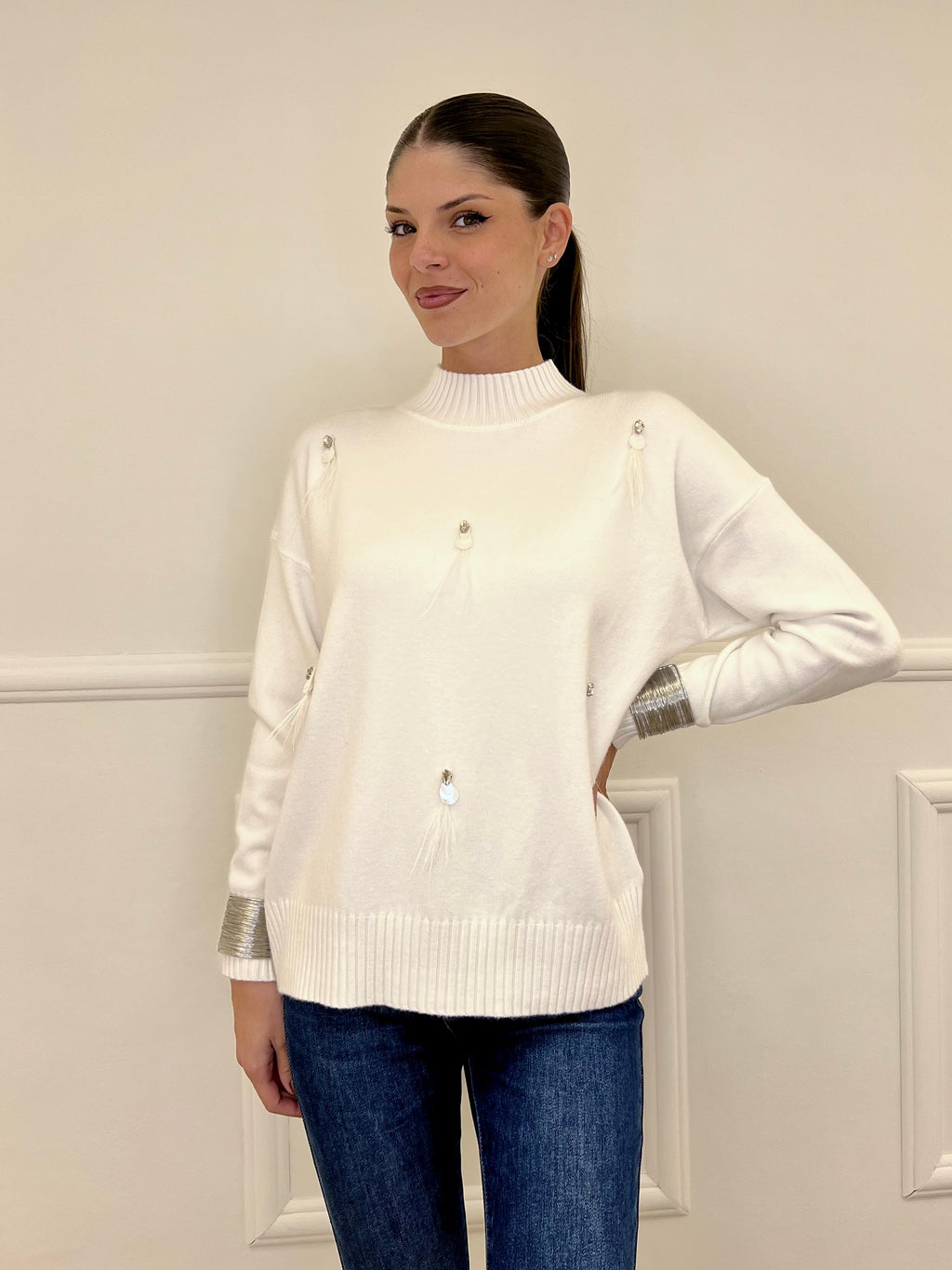 Maglia Strass e Piume DL7355 Bianco