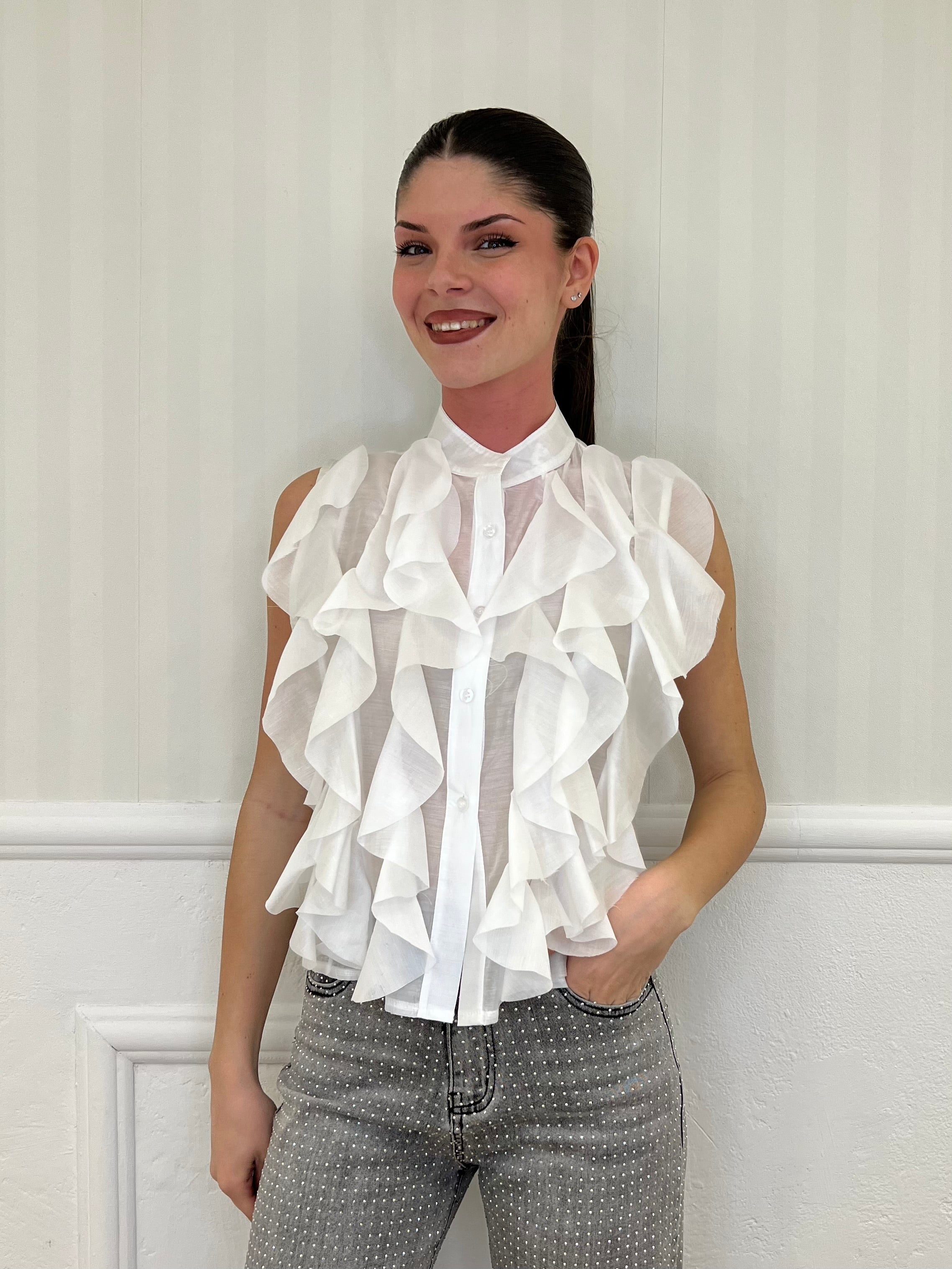 Camicia Smanicata Rouches 220672 Bianco - Bazar Abbigliamento