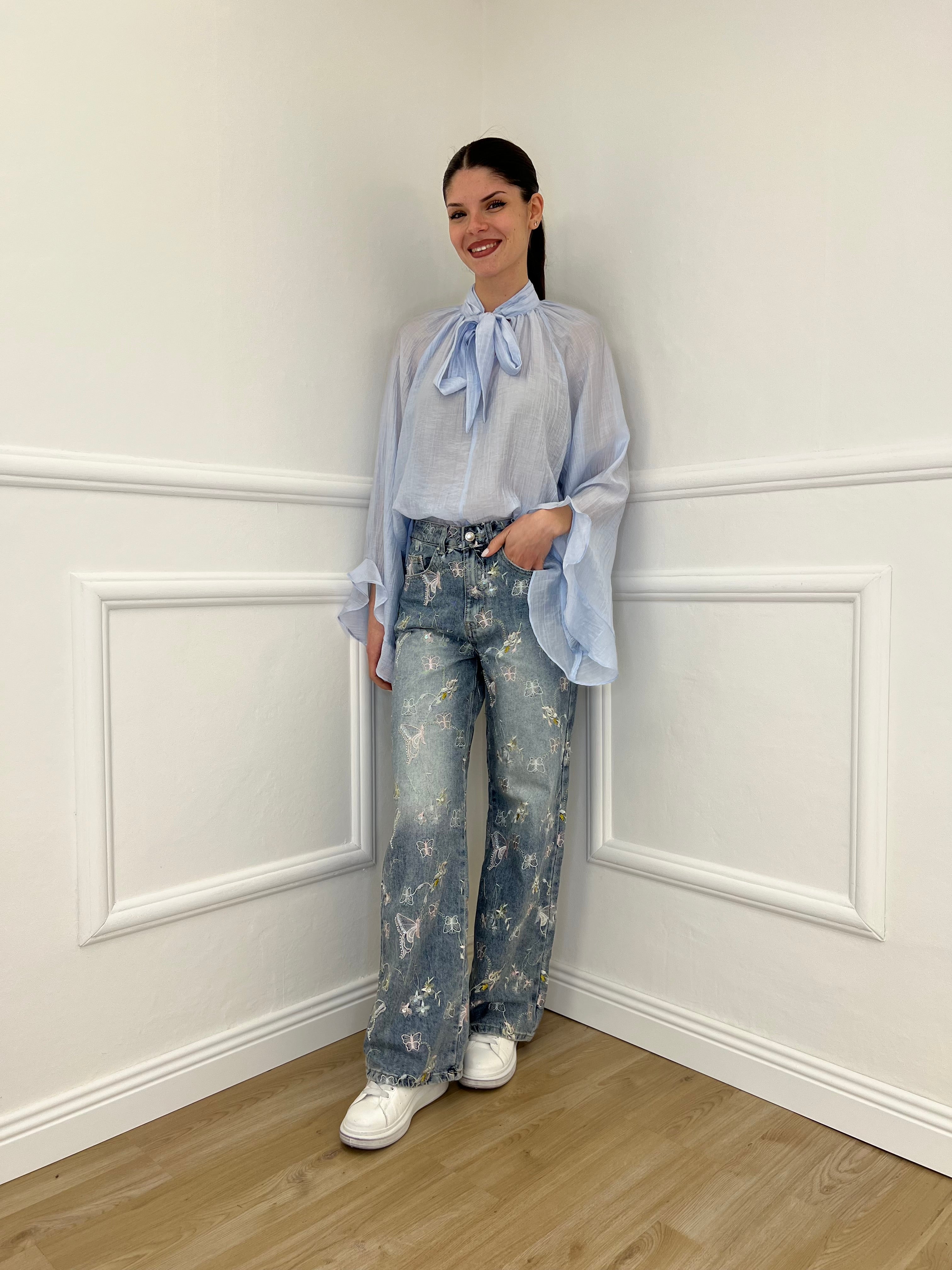 Camicia in Tencel con Fiocco 2608 Azzurro