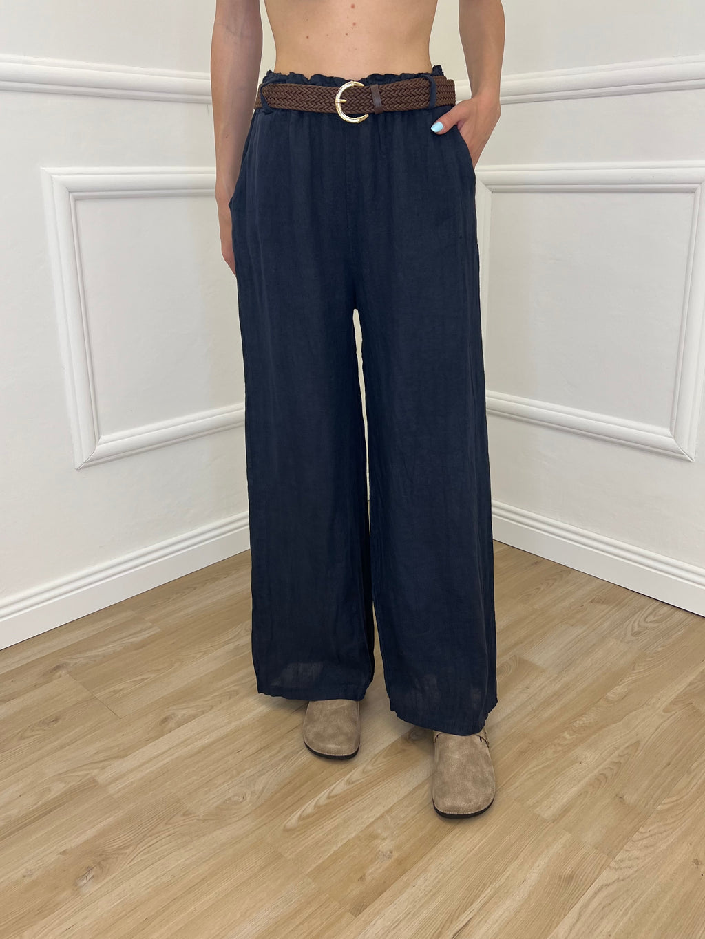 Pantalone Lino Cintura 22525 Blu