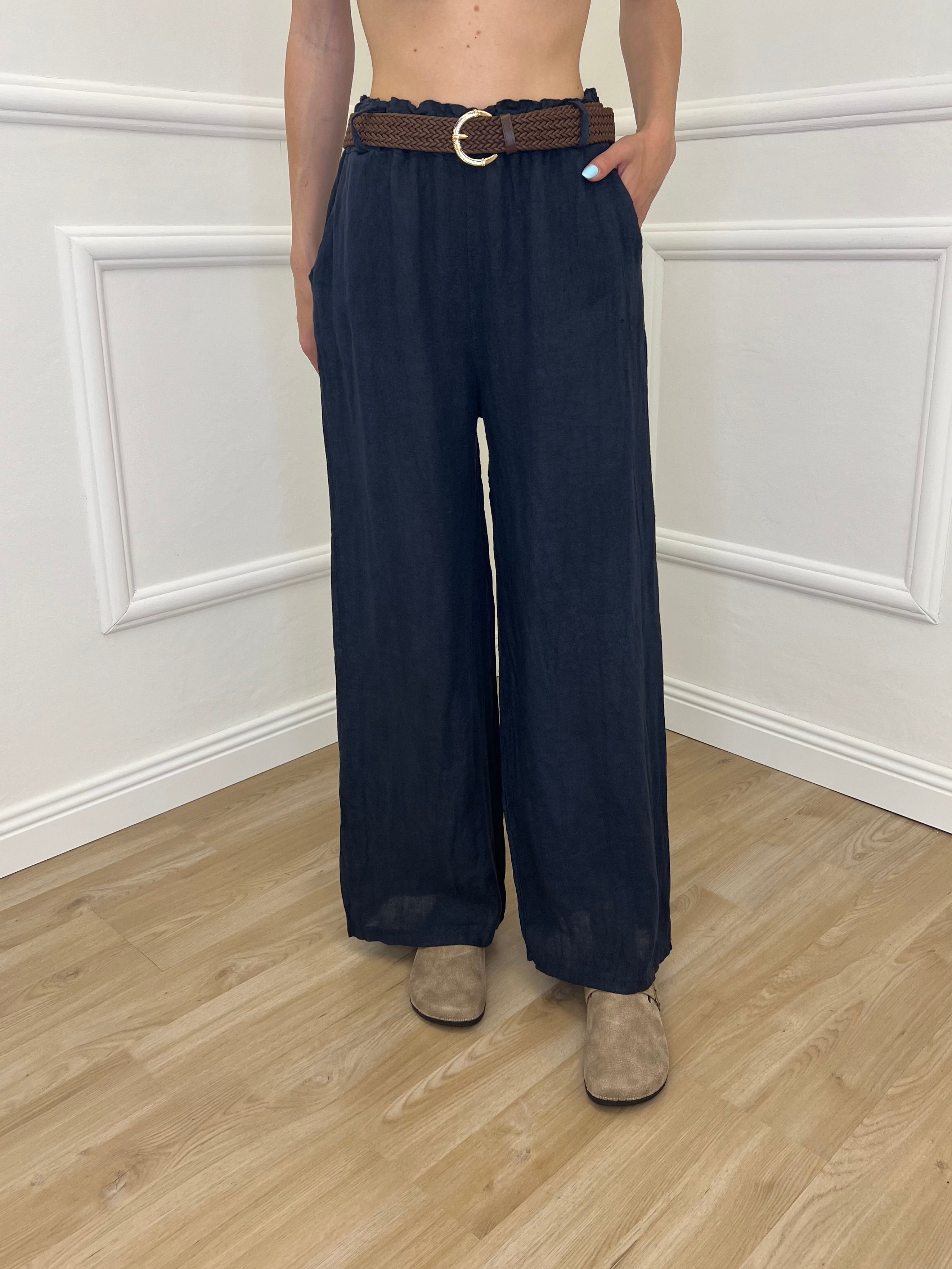 Pantalone Lino Cintura 22525 Blu