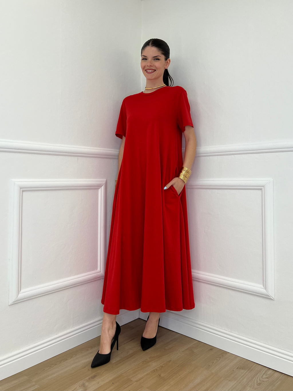Abito Lungo Con Tasche Lumina L7728 Rosso