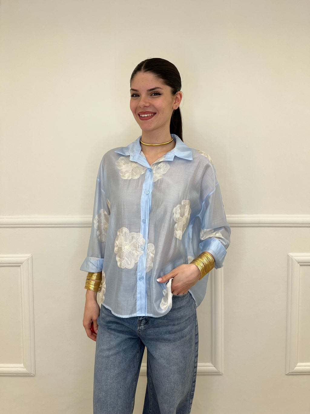 Camicia Tencel Ricami 7357 Azzurro