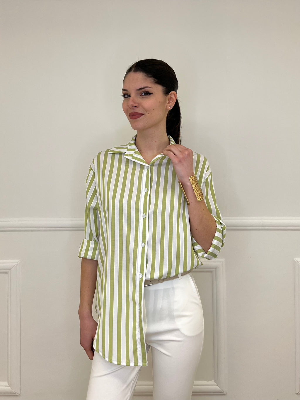 Camicia In Cotone a Righe 82062 Verde