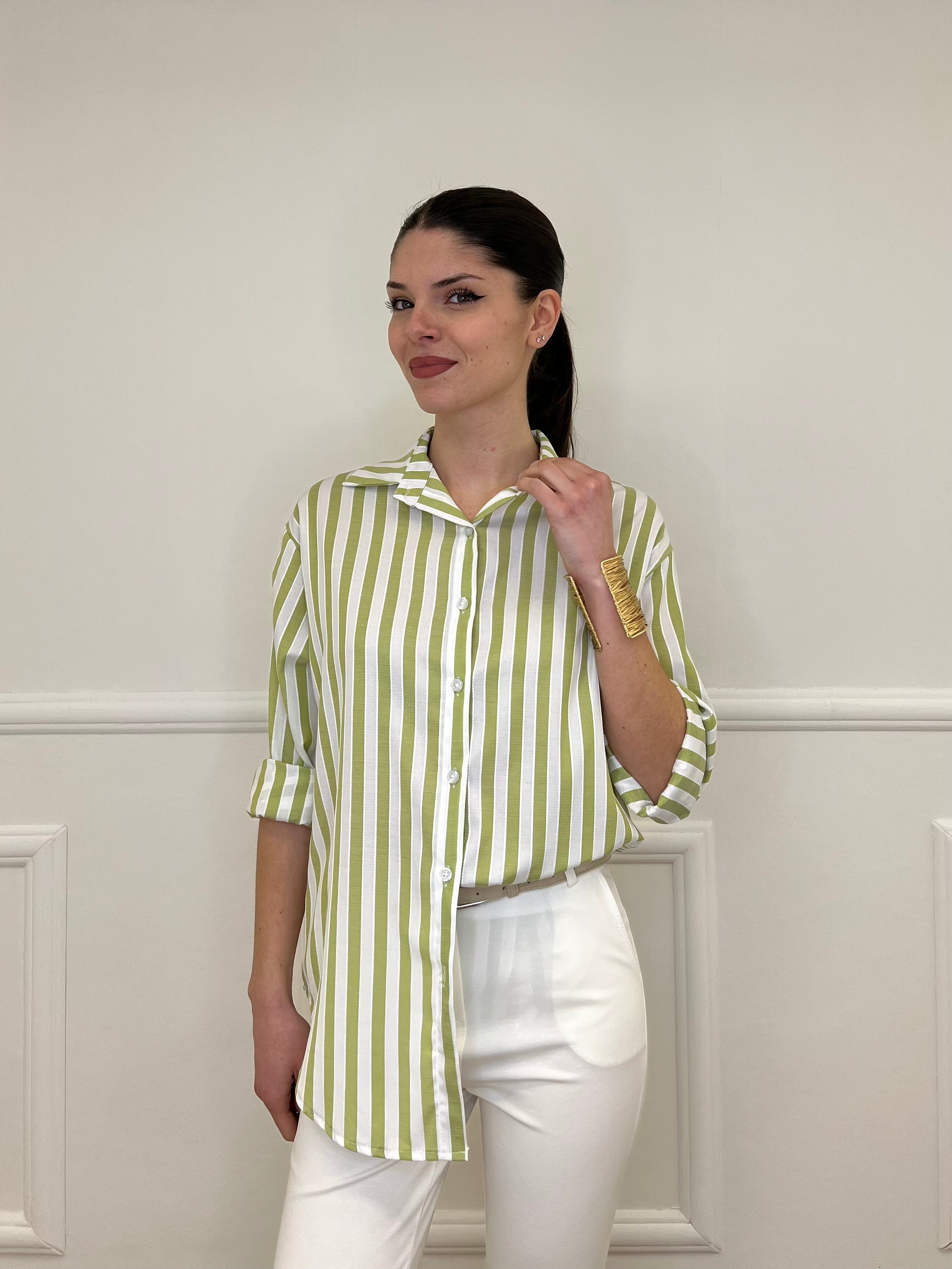 Camicia In Cotone a Righe 82062 Verde