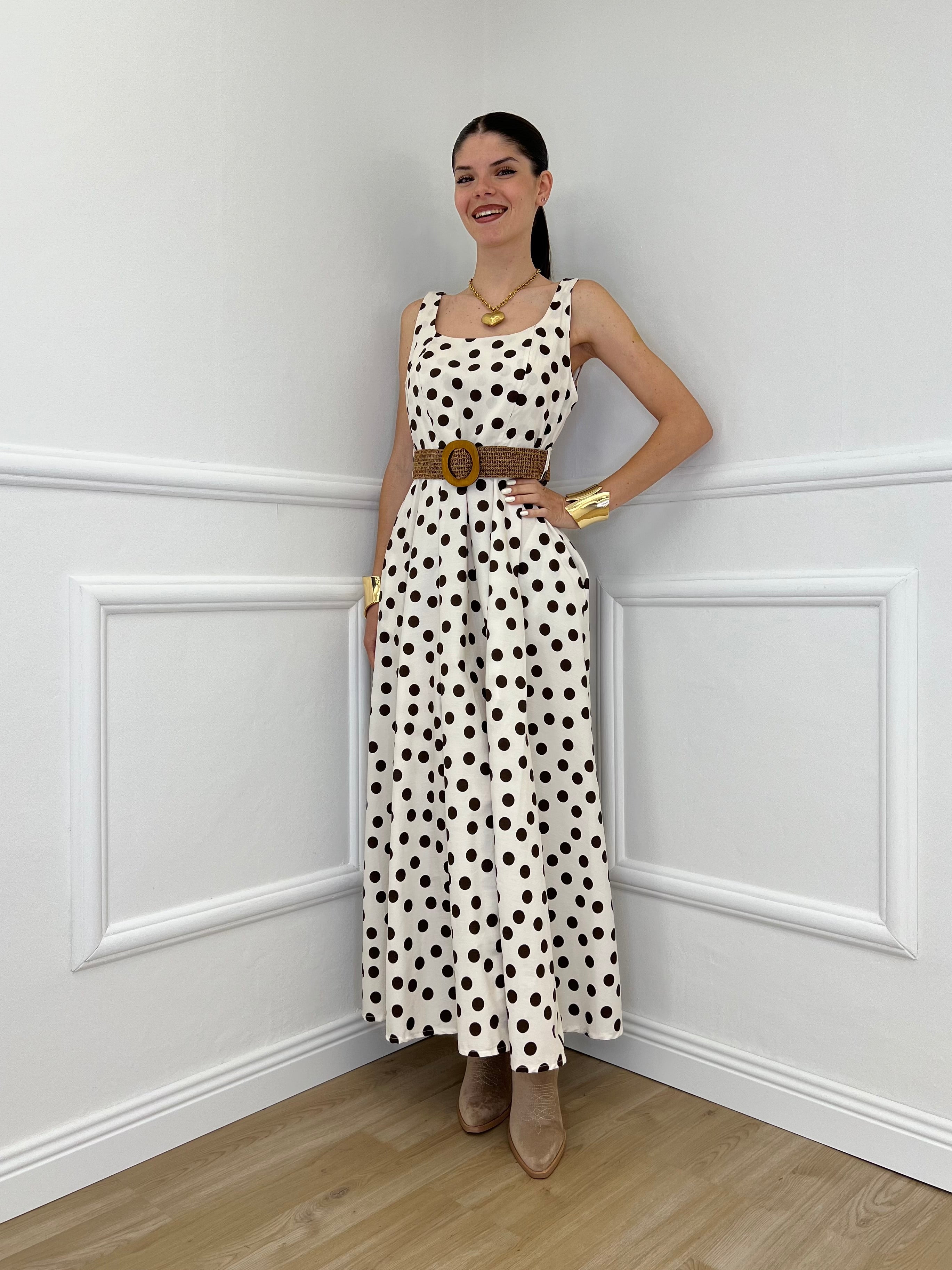 Abito Pois Scollo Quadrato 4013 Bianco