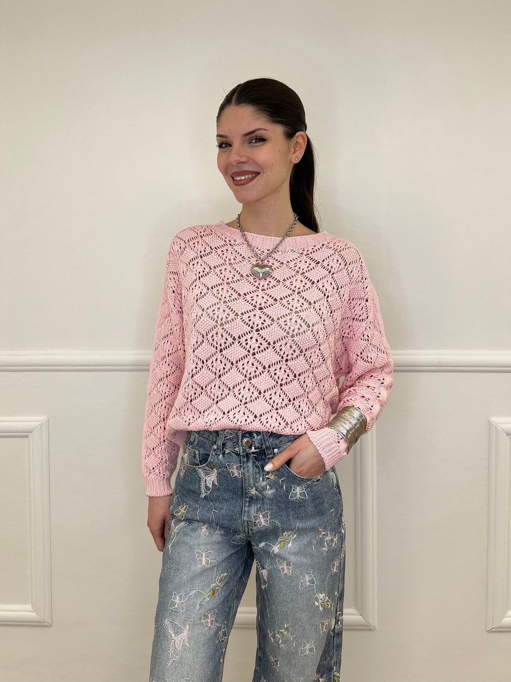 Maglia Jacquard Traforata 82618 Rosa
