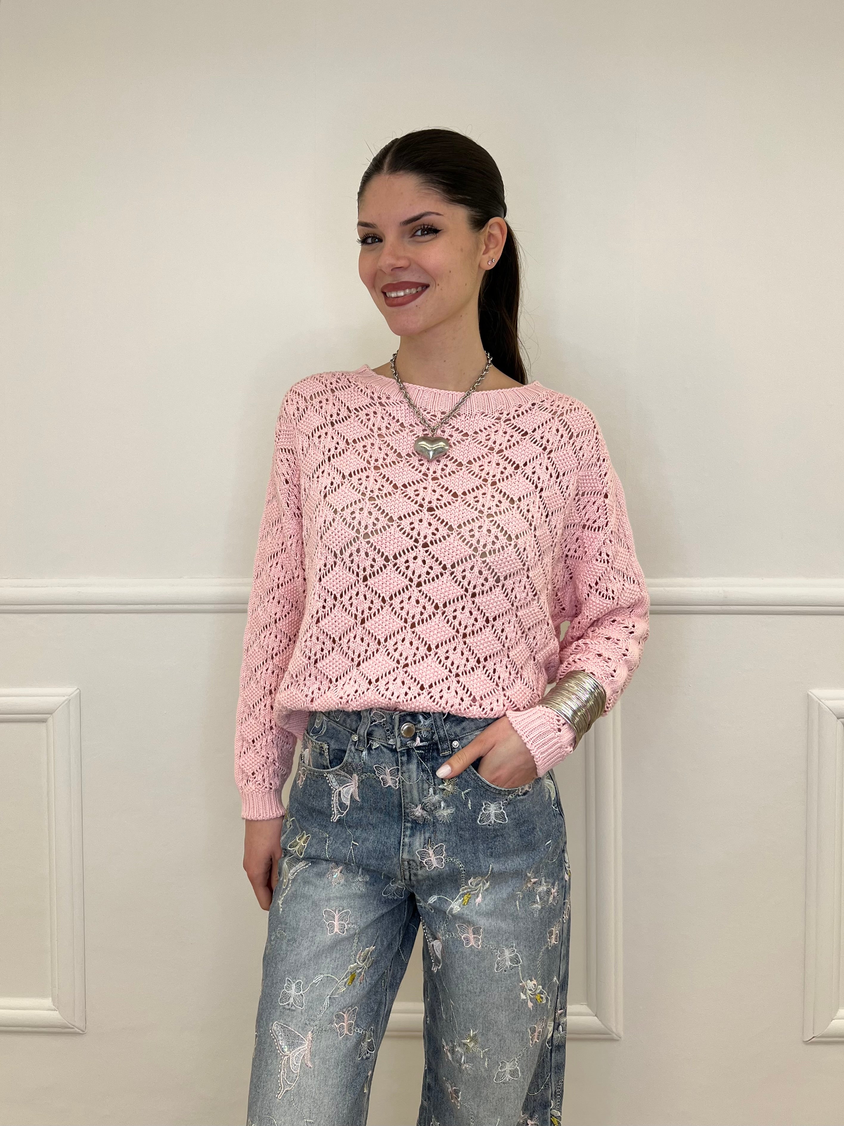 Maglia Jacquard Traforata 82618 Rosa