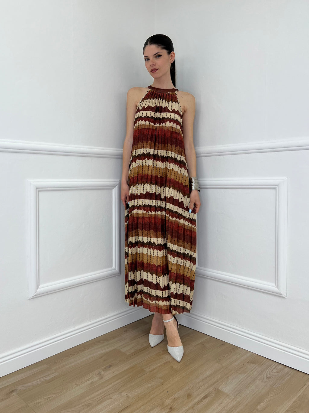 Abito Lurex Plissé In Fantasia 1372 Burgundy