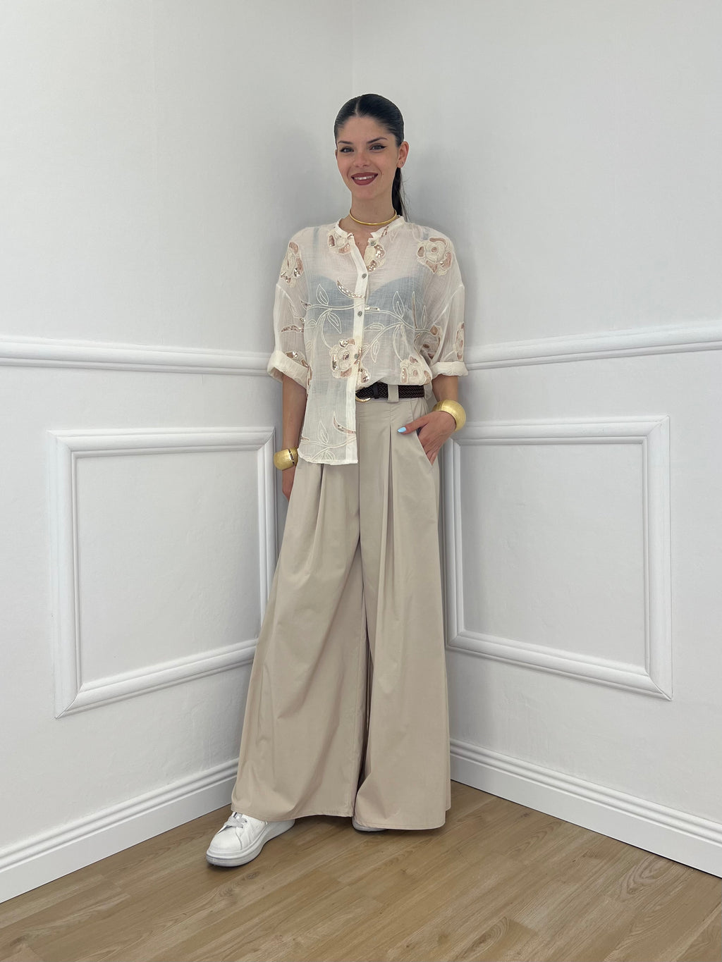 Camicia Strop Ricami e Paillettes 93-A03 Ecru