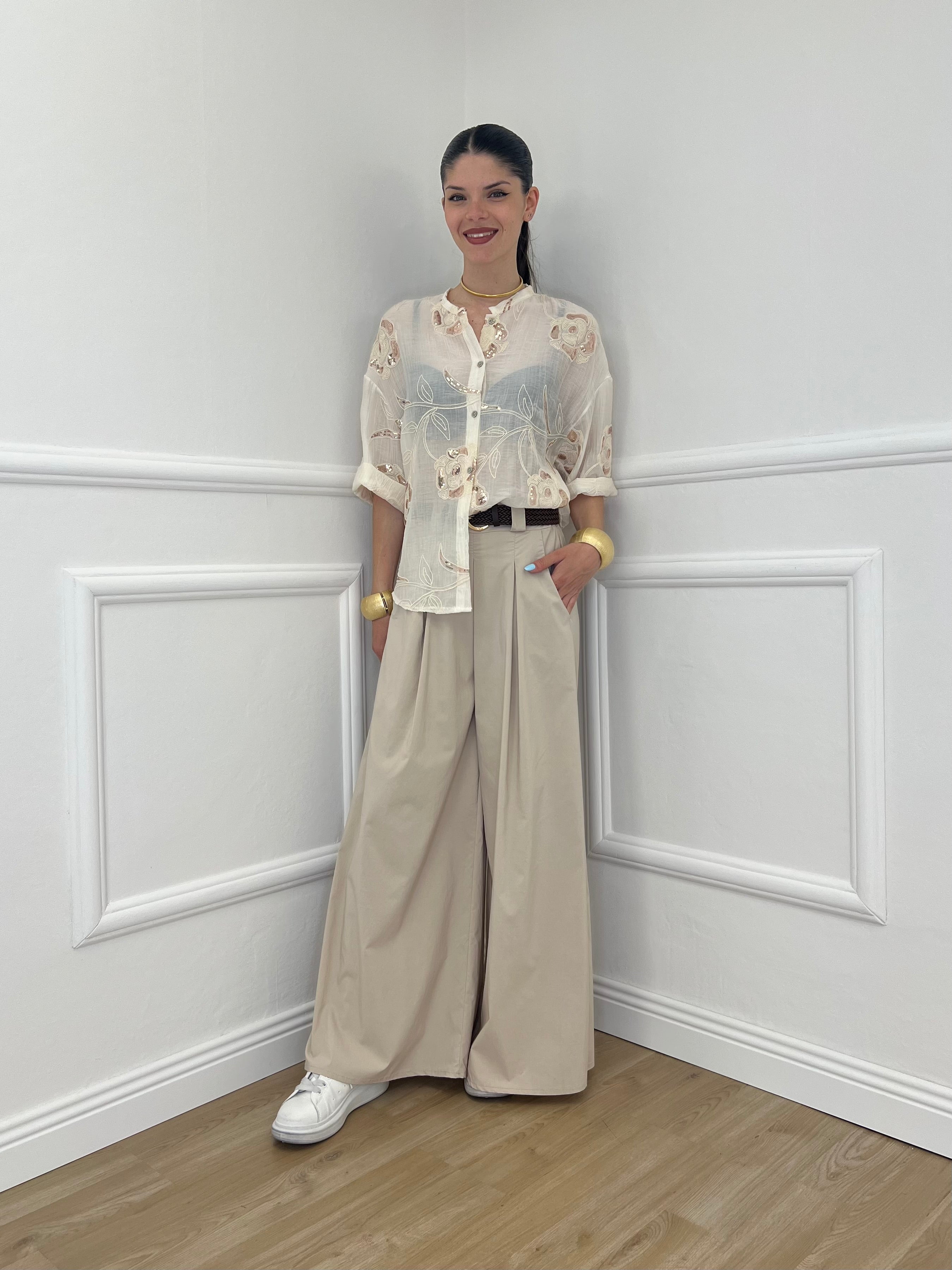 Camicia Strop Ricami e Paillettes 93-A03 Ecru