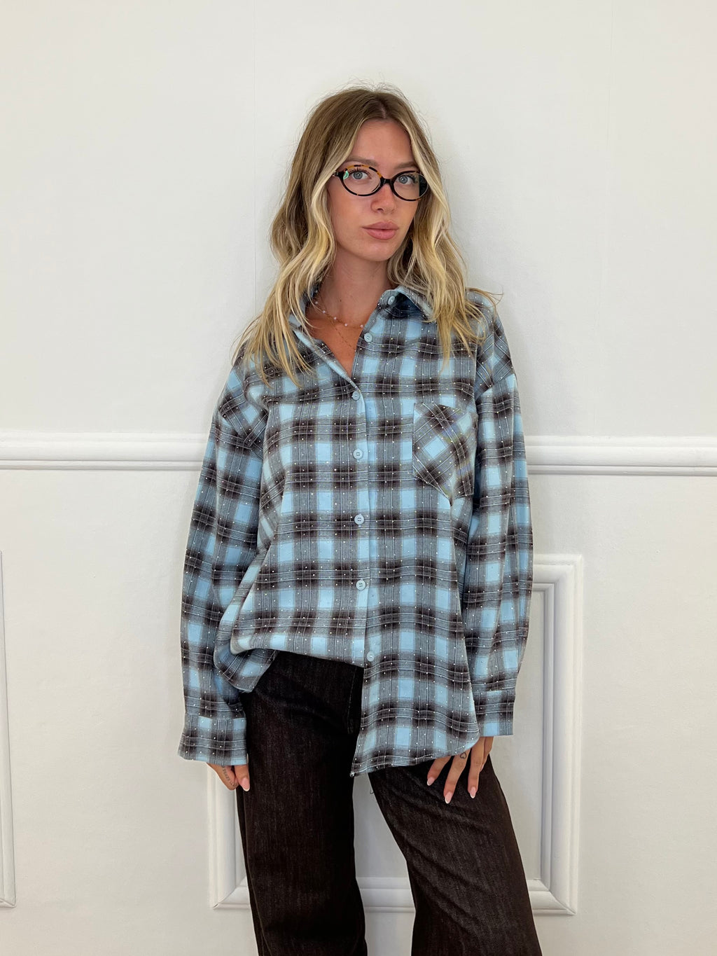 Camicia Check Strass 19108 Azzurro e Moro
