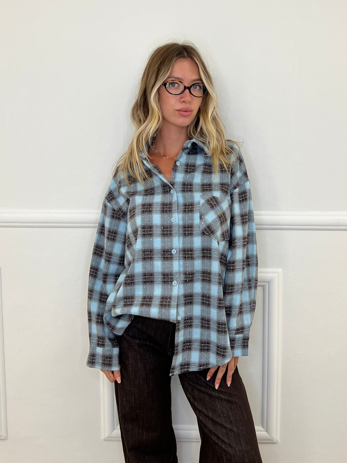 Camicia Check Strass 19108 Azzurro e Moro