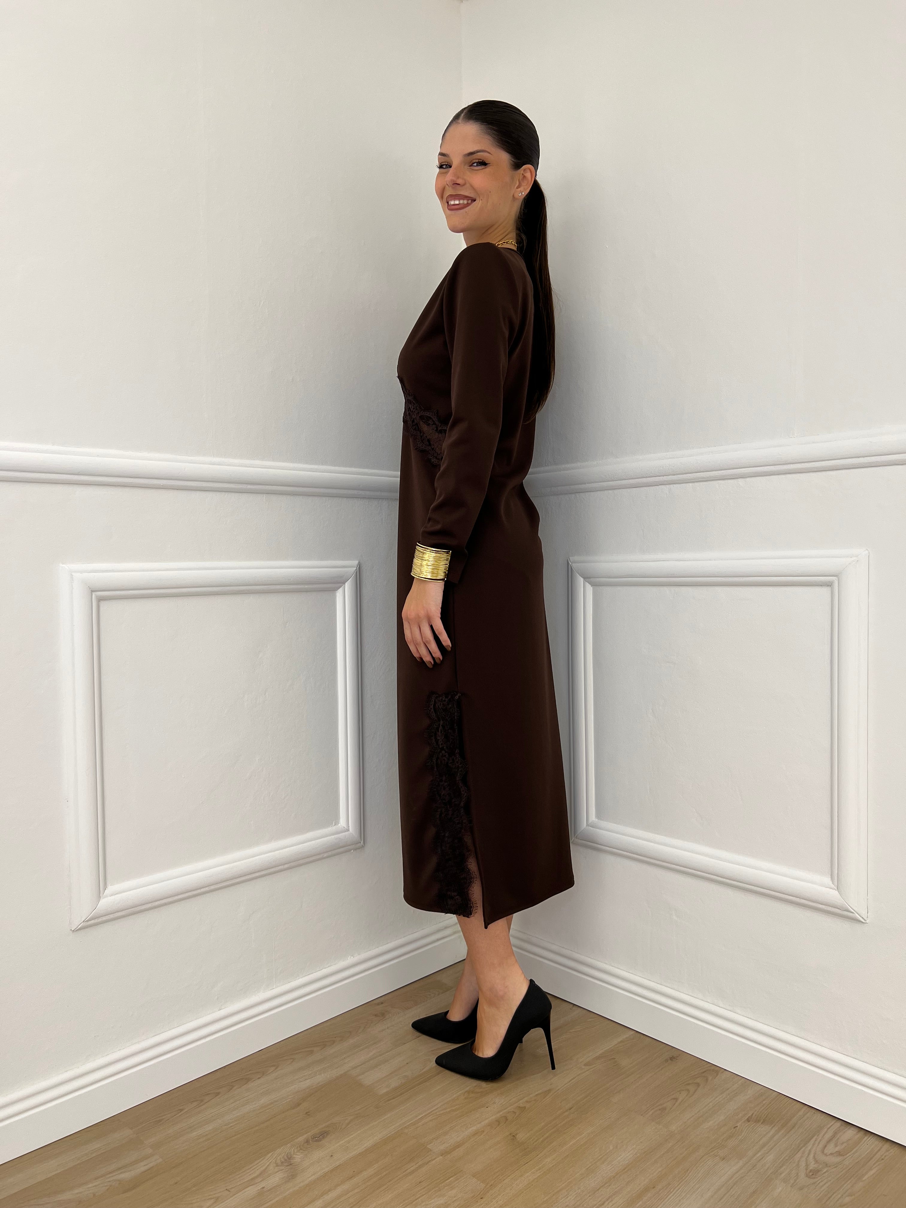 Abito Crepe Pizzo 55743 Marrone