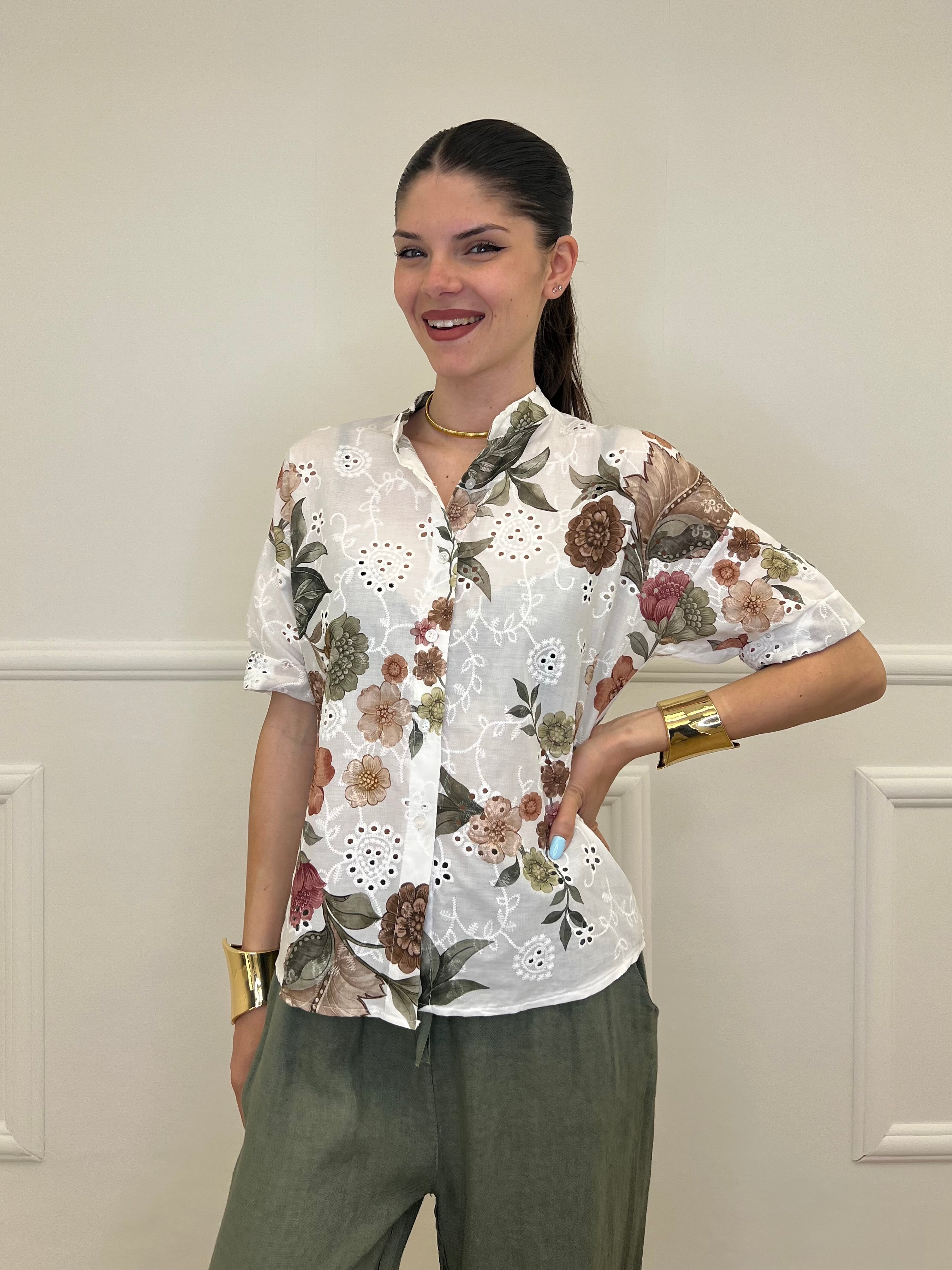 Camicia Fiori Inserti Sangallo 2340 Verde