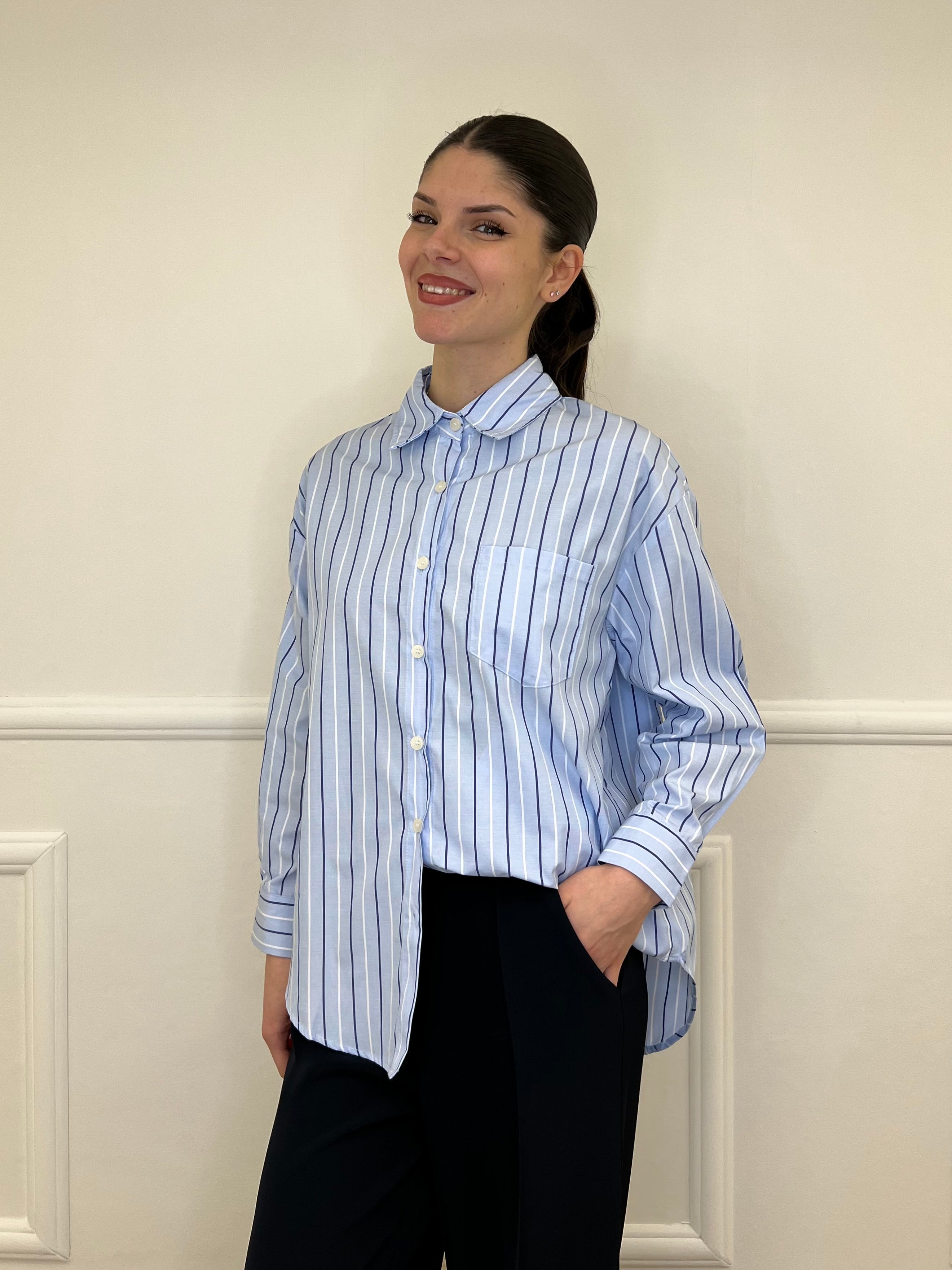 Camicia Oversize a Righe 17199 Azzurro