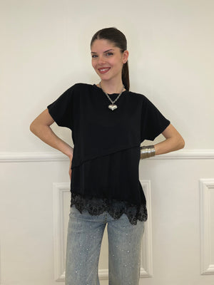 Maglietta Combinata Con Pizzo 20611 Nero