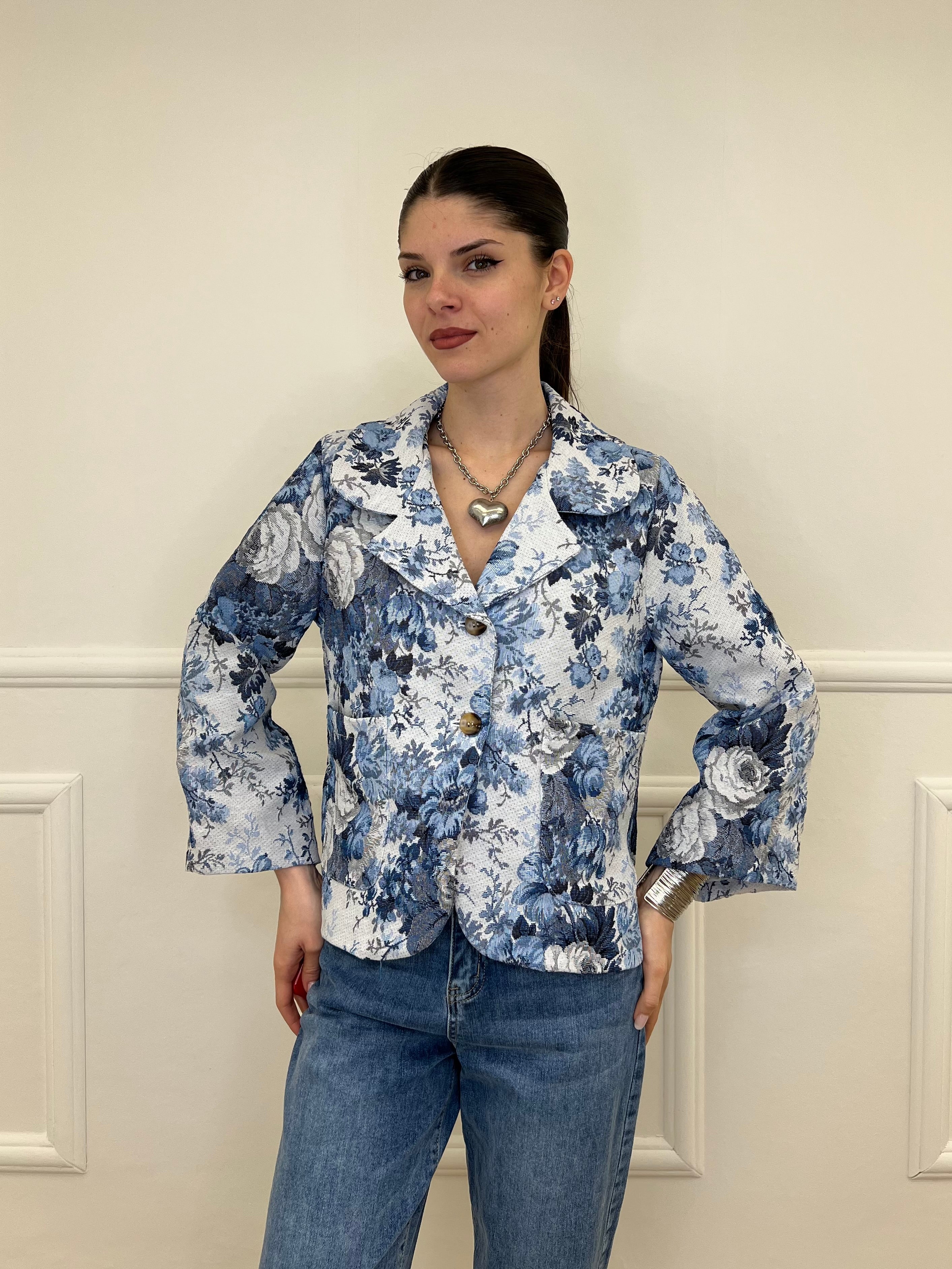 Giacca Jacquard Fiori 943-999 Azzurro