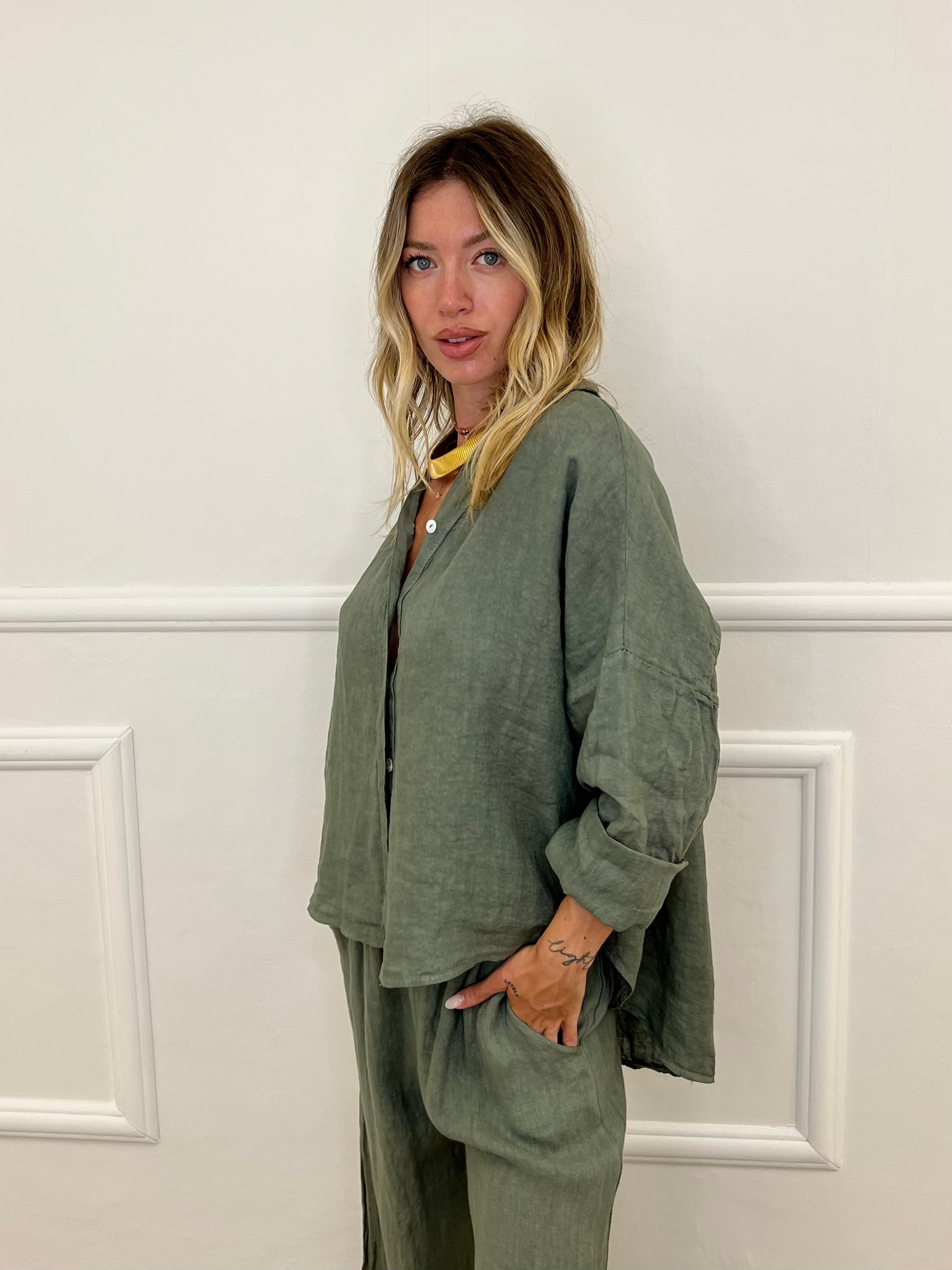 Camicia Scatoletta Lino 89303 Verde