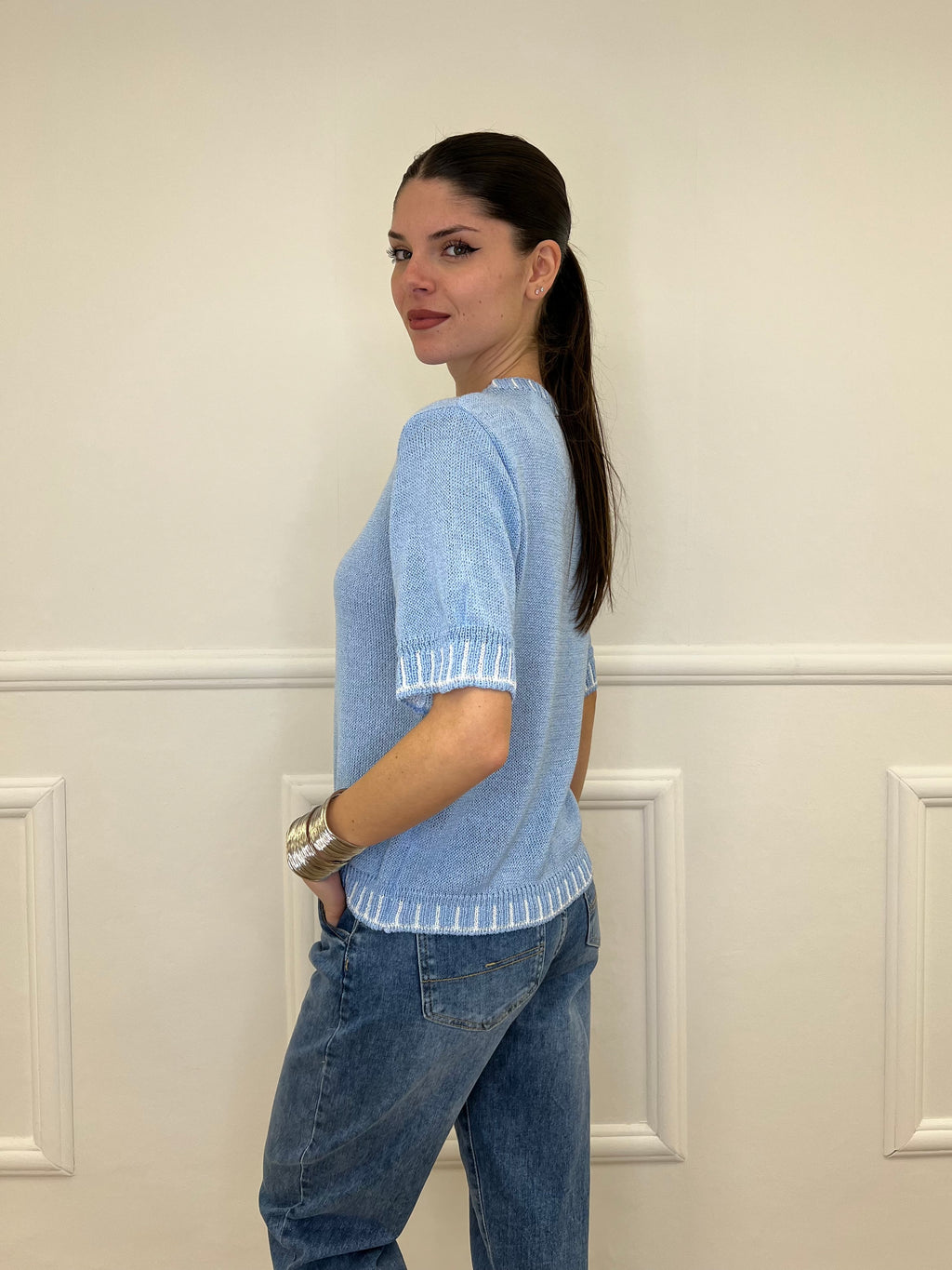 Maglia Profili a Contrasto 2780 Azzurro e Bianco