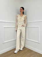 Twin Set Blusa in Pizzo Con Jabot e Sottoveste 7099 Ecru