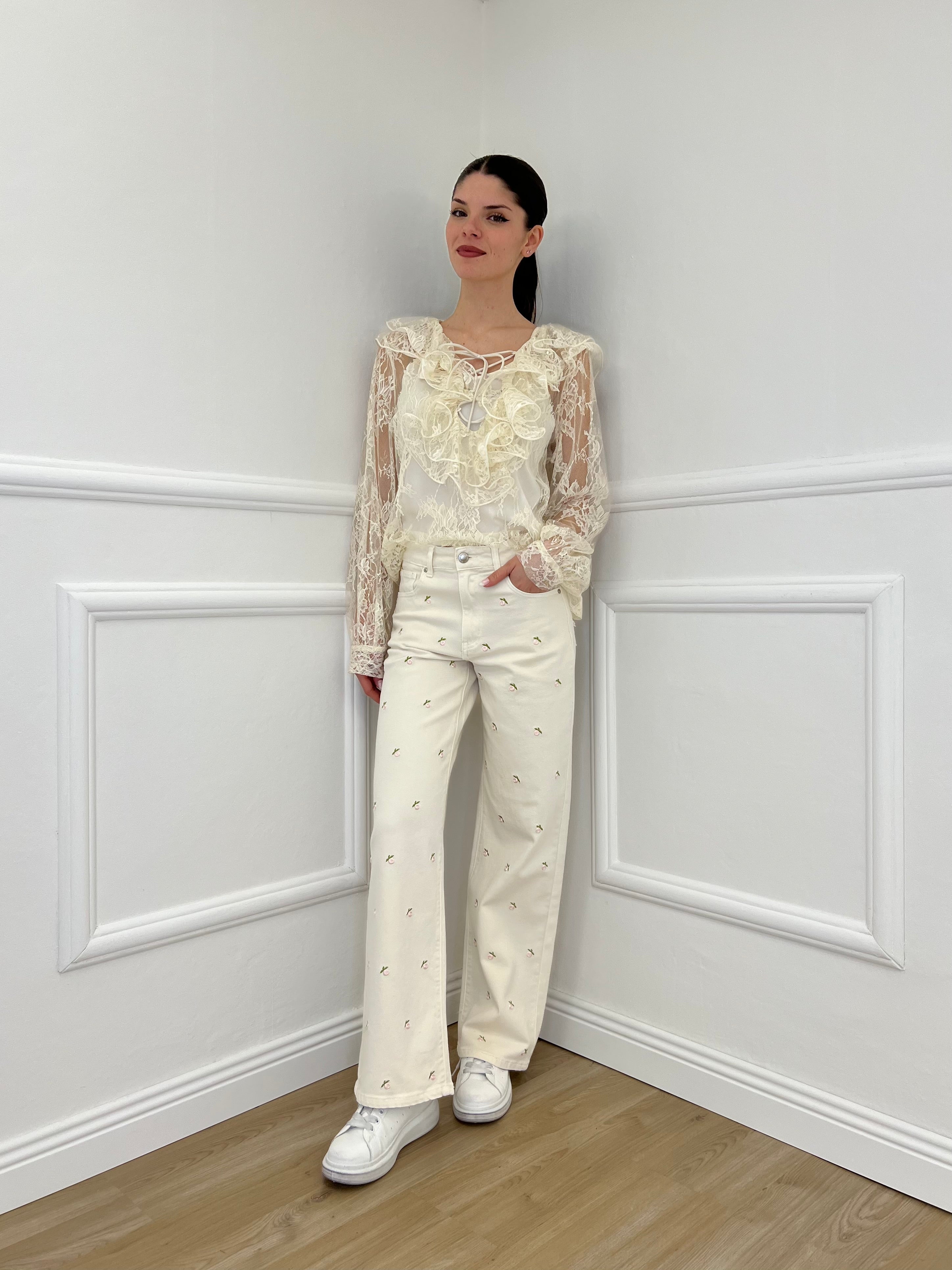 Twin Set Blusa in Pizzo Con Jabot e Sottoveste 7099 Ecru