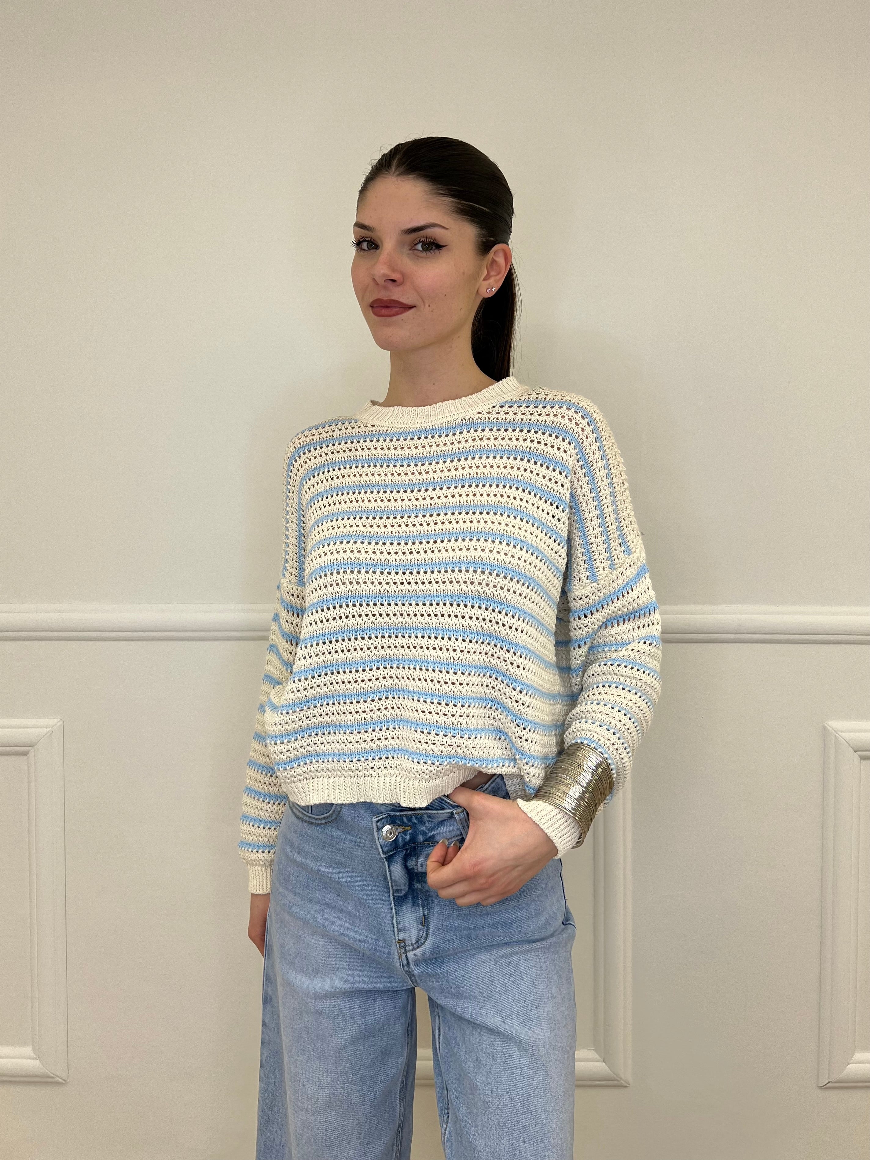 Maglia Traforata Bicolore M3063 Ecru e Azzurro