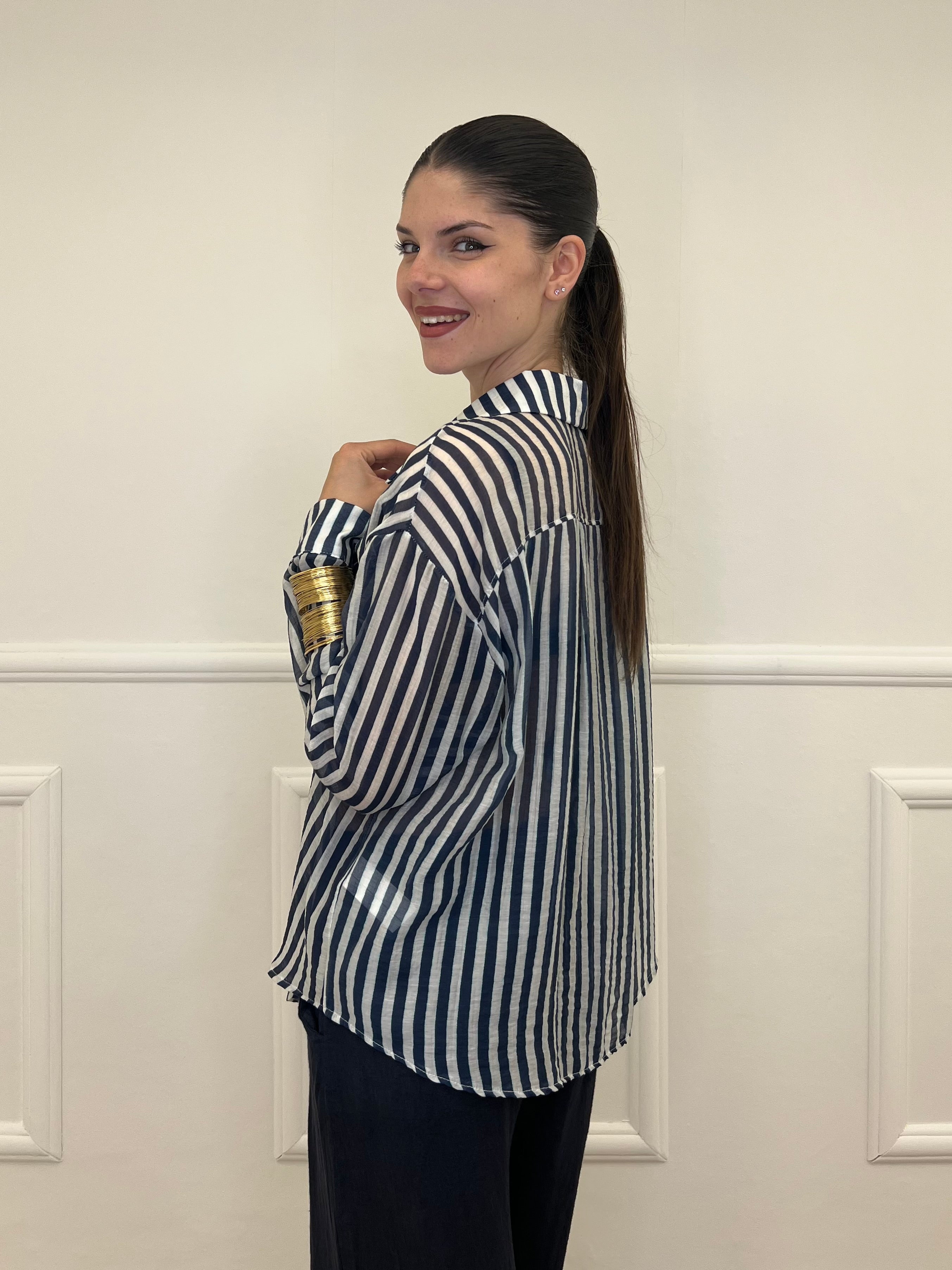 Camicia Tencel a Righe 411-672 Blu