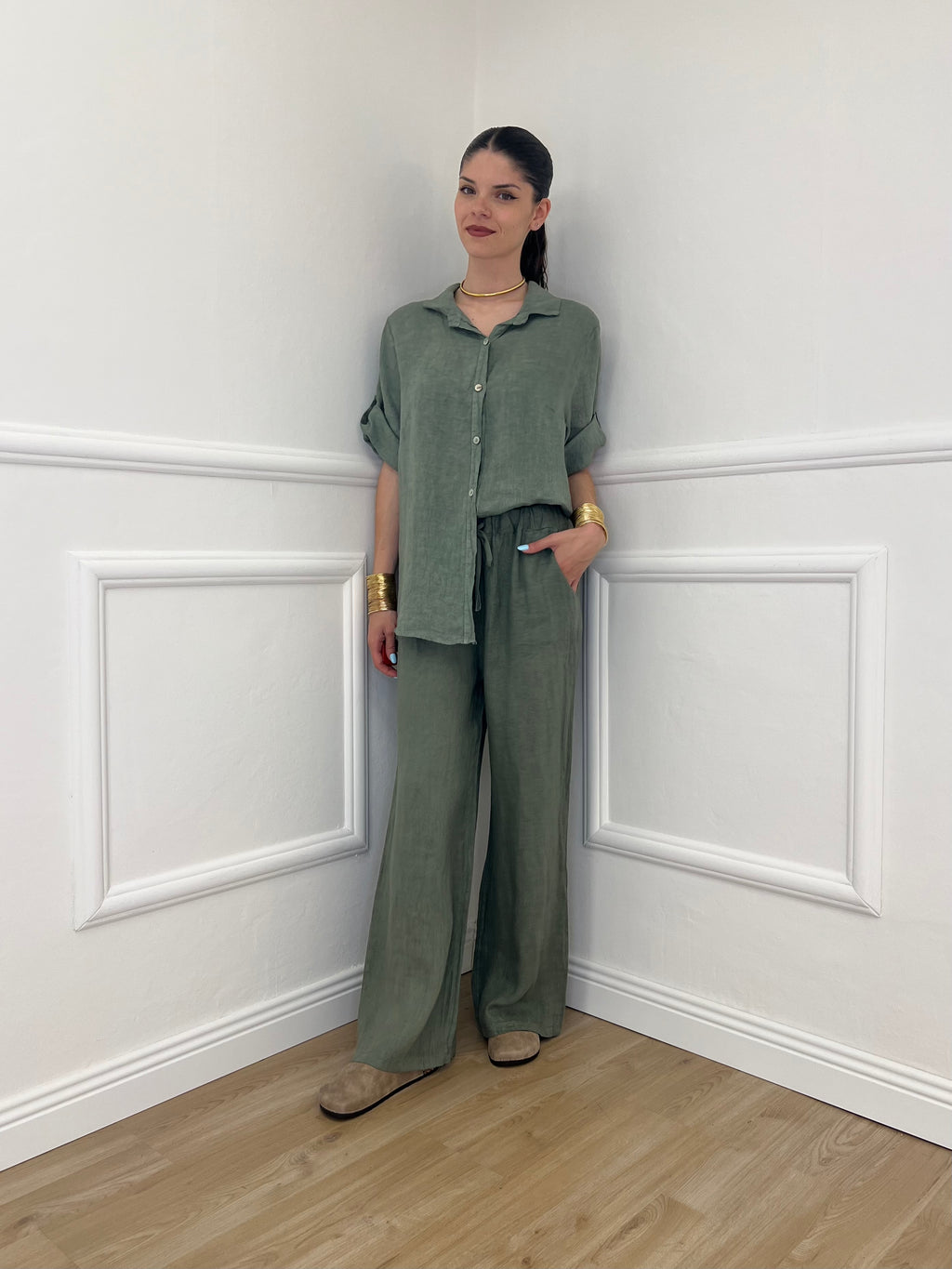 Pantalone Lino Coulisse 23216 Verde