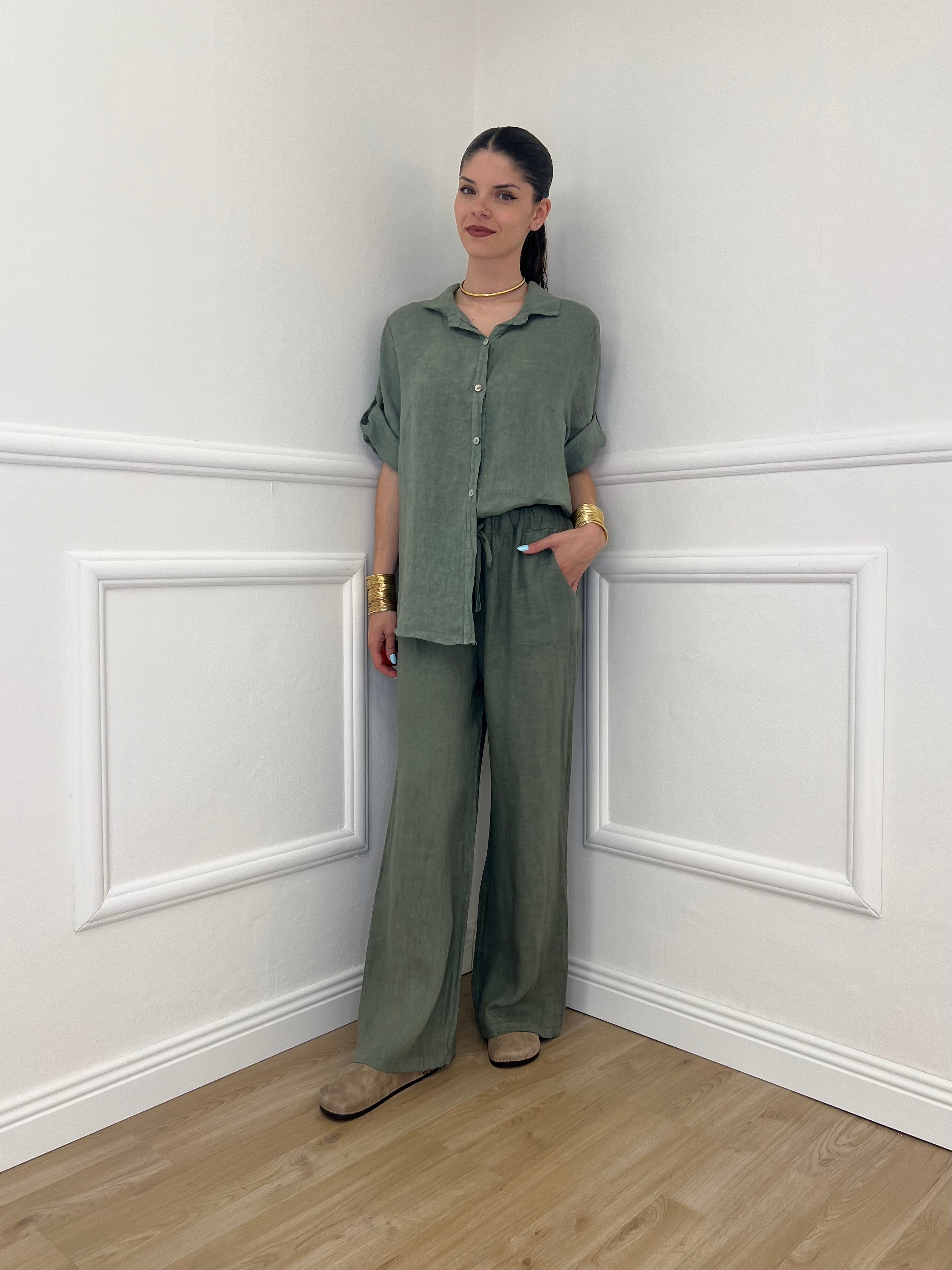 Pantalone Lino Coulisse 23216 Verde