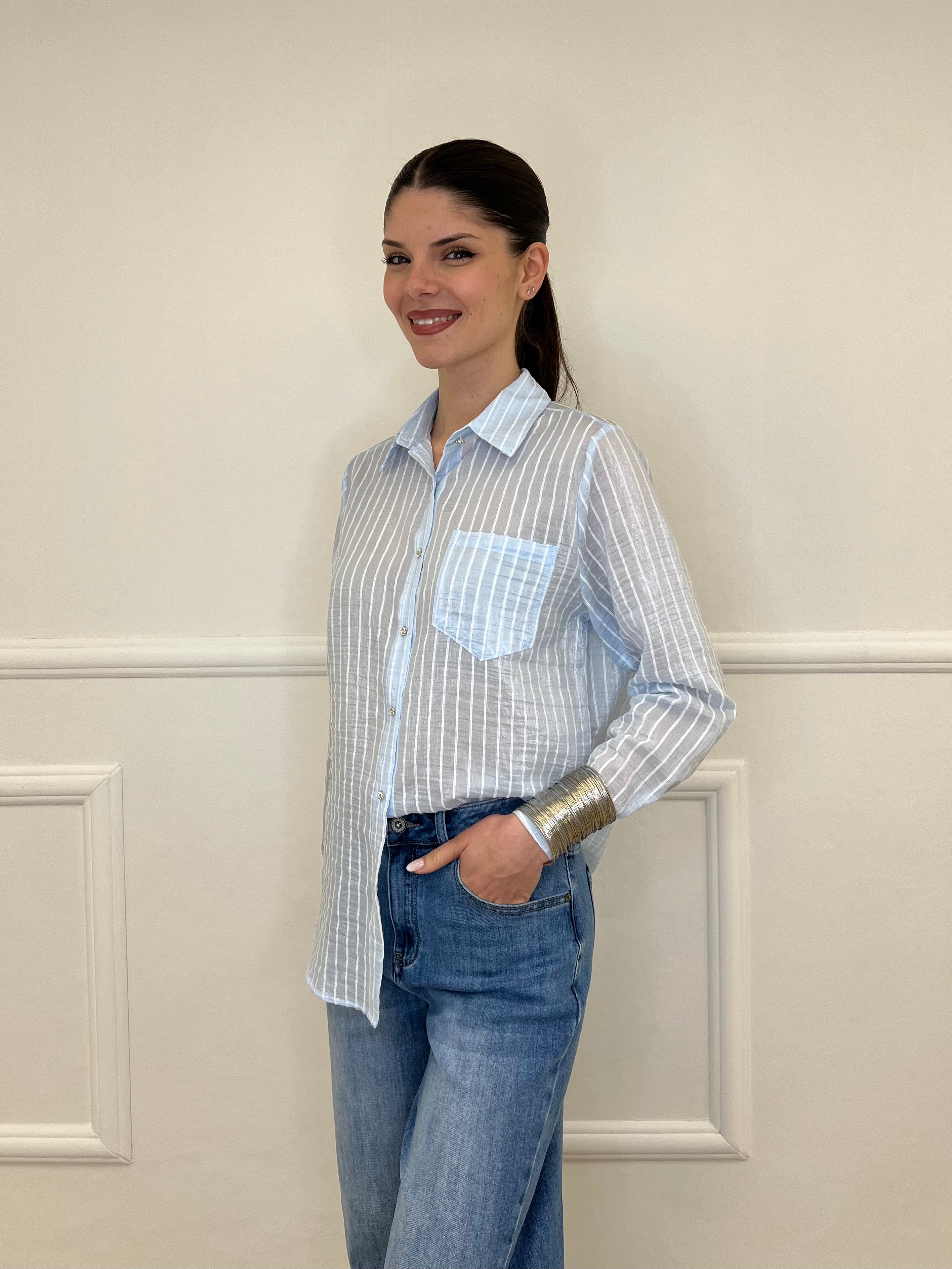 Camicia Tencel Spalmata a Righe 25802 Azzurro