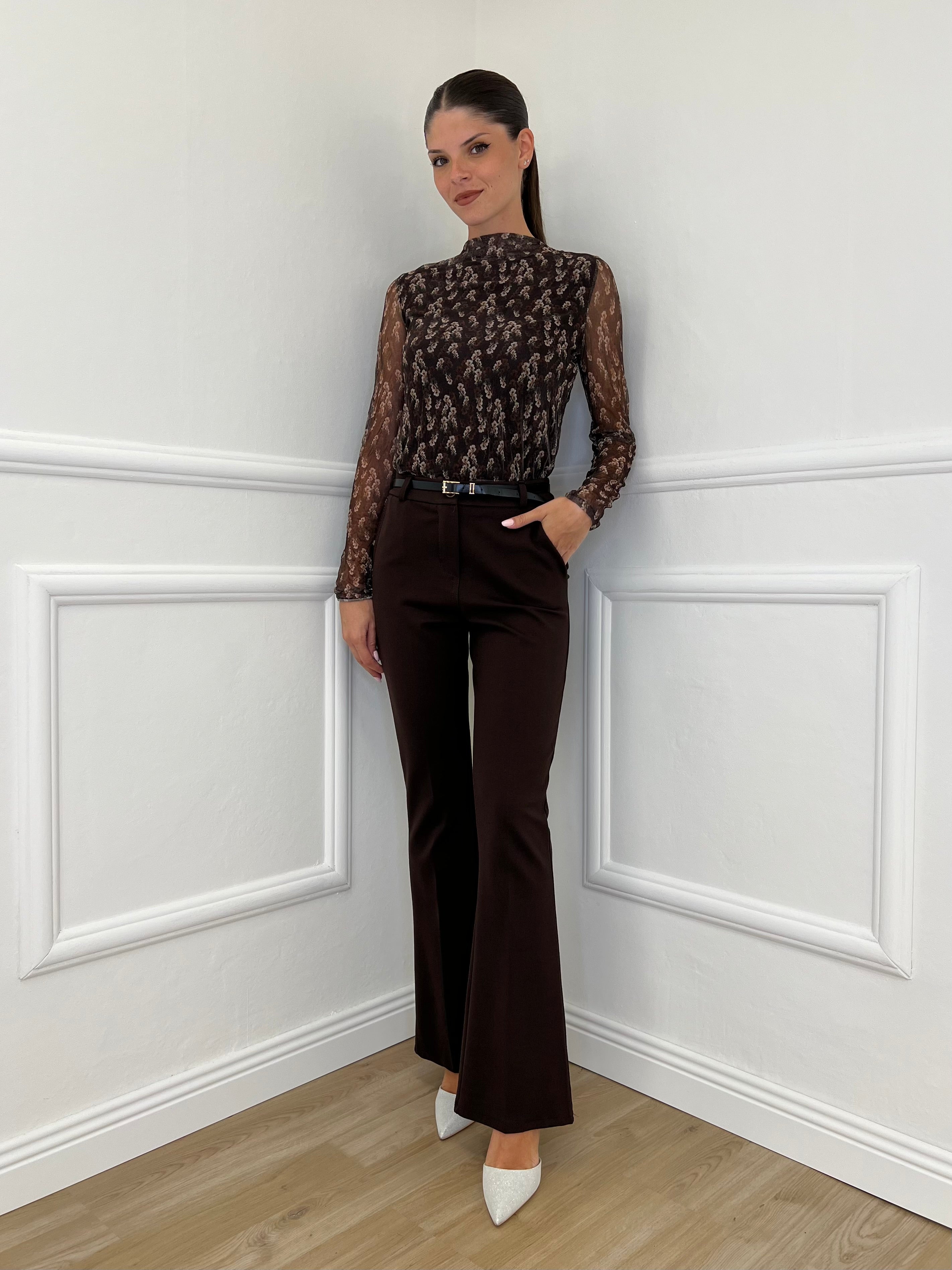Maglia Microrete Floreale 925101 Marrone - Bazar Abbigliamento
