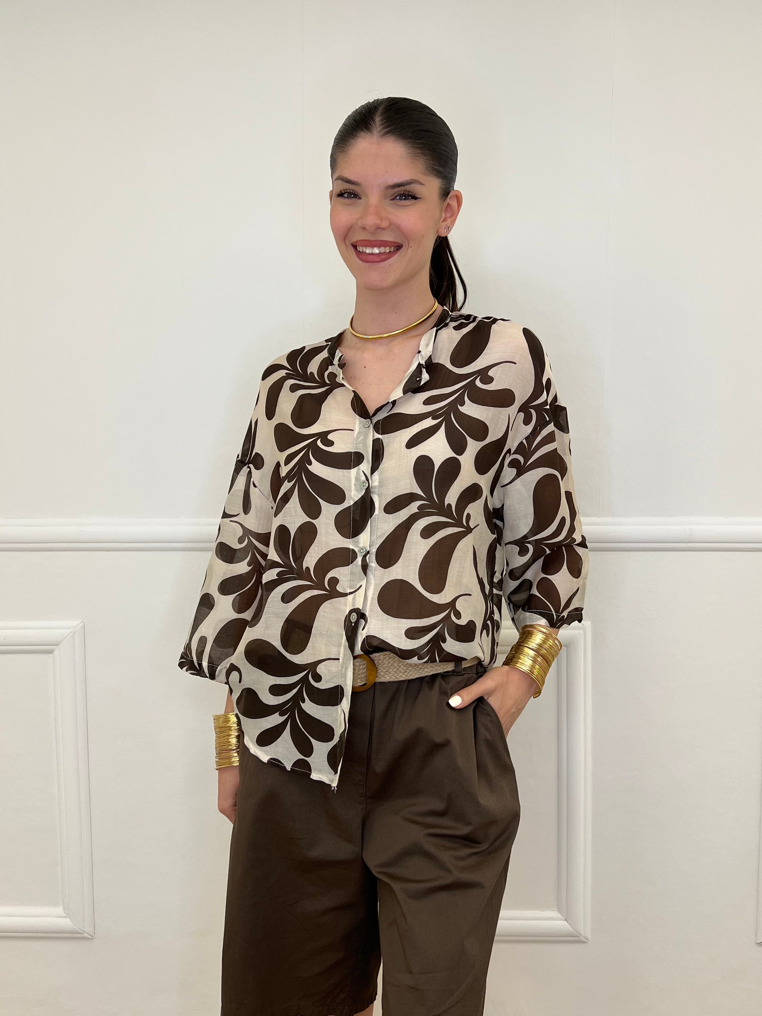 Camicia Fantasia Cotone e Seta 93-242-1 Marrone