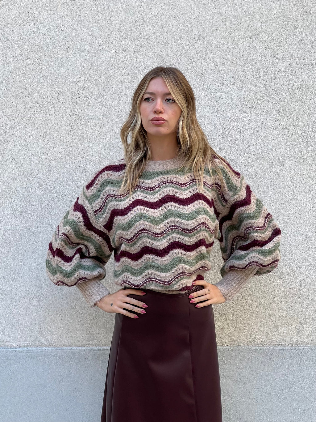 Maglia Ondina Maniche Palloncino 50331 Burgundy e Verde