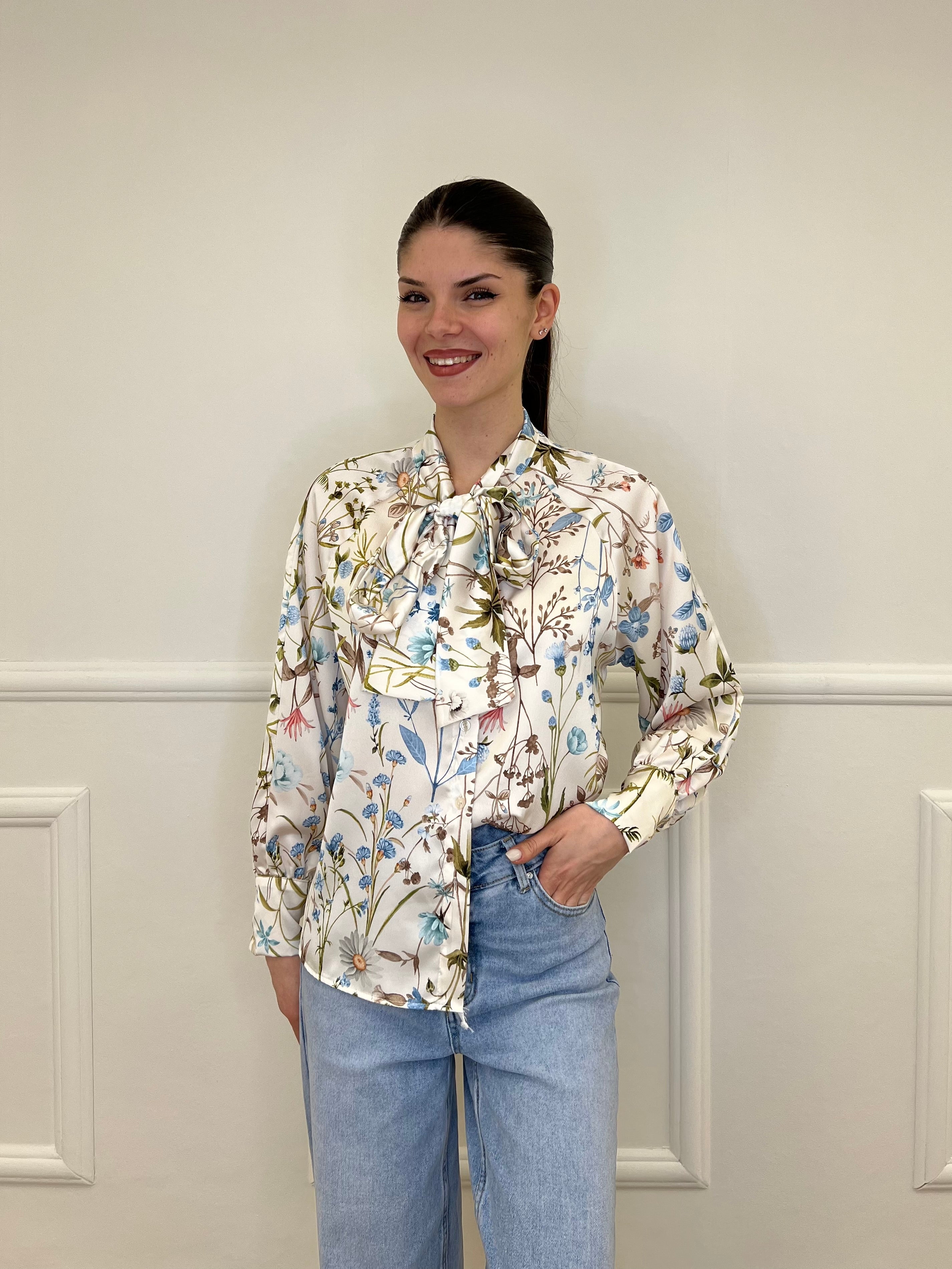Camicia Floreale Con Fiocco 2598 Azzurro