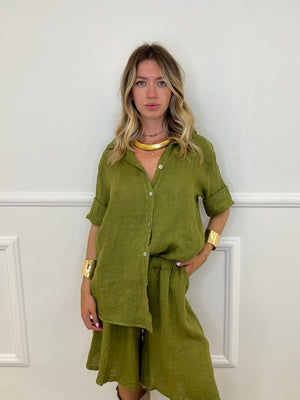 Camicia Over 100% Lino 1789 Verde Olio