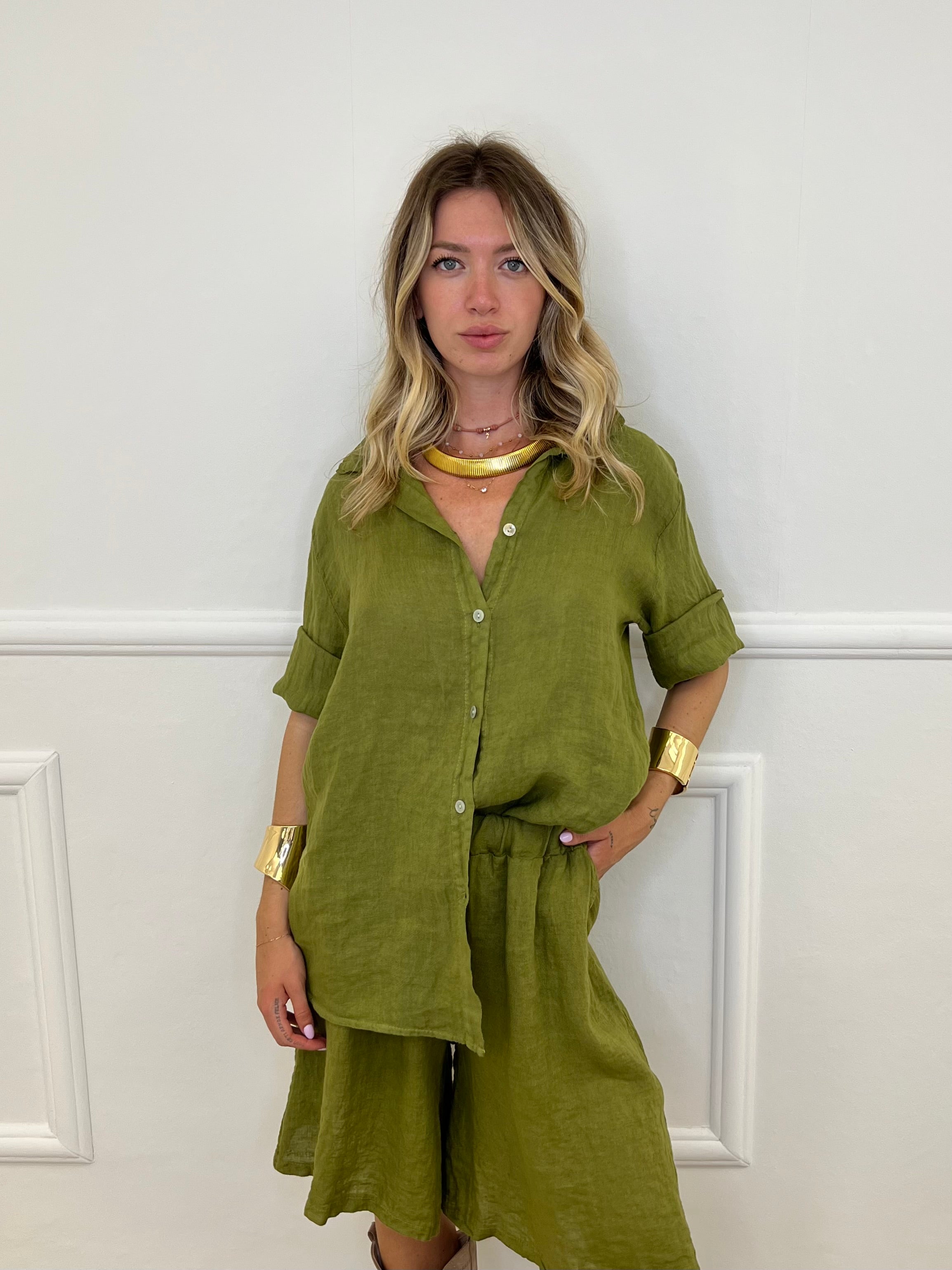 Camicia Over 100% Lino 1789 Verde Olio