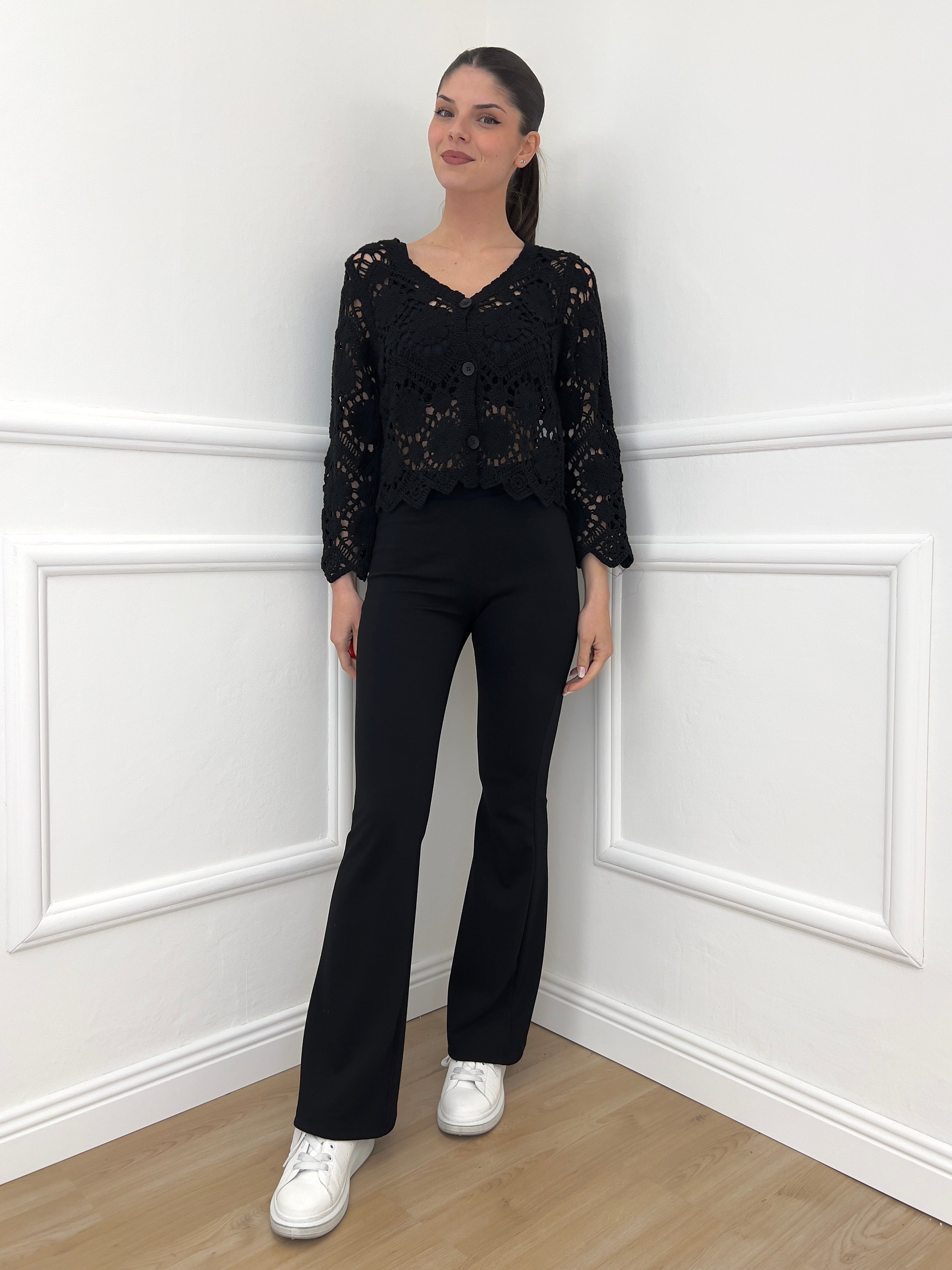 Cardigan Crop Crochet 38018 Nero - Bazar Abbigliamento