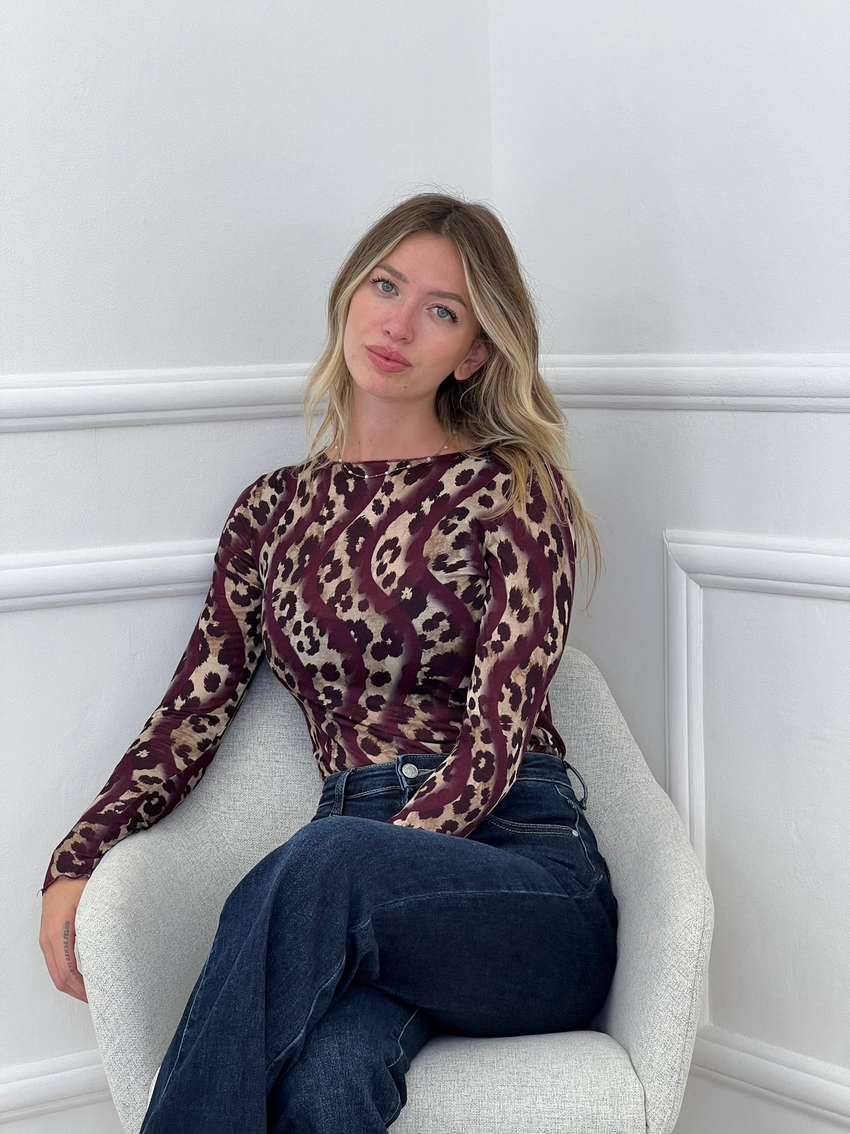 Maglia Ultralight con Cashmere Animalier a Barchetta Burgundy