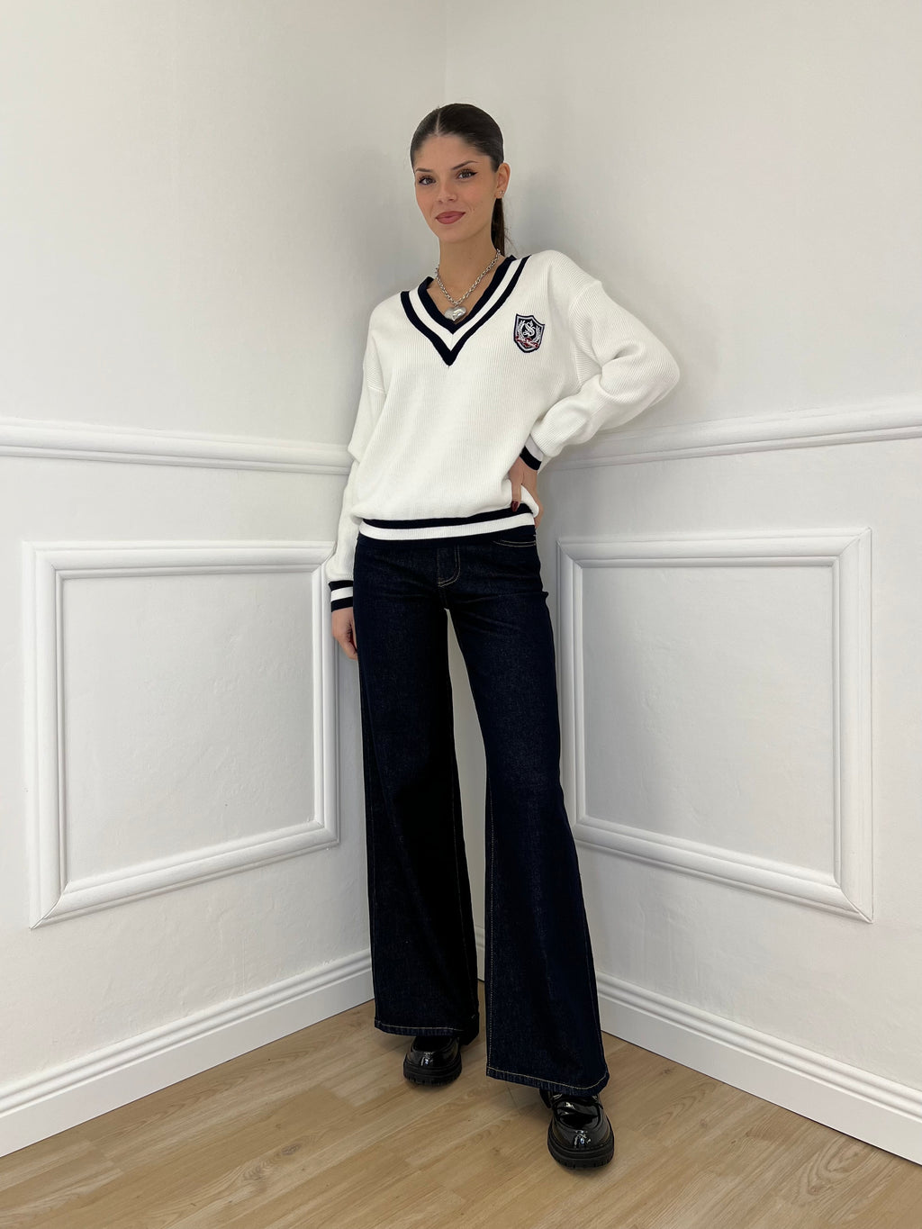 Maglia a V College 9574 Bianco