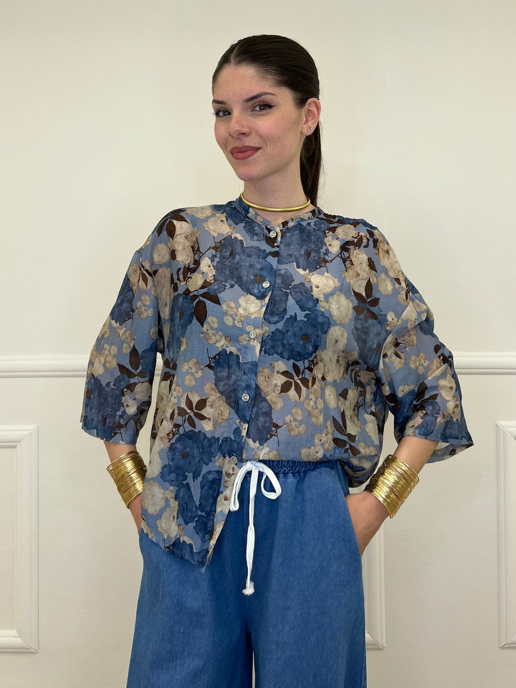 Camicia Fiori Cotone e Seta 93-242 Avio