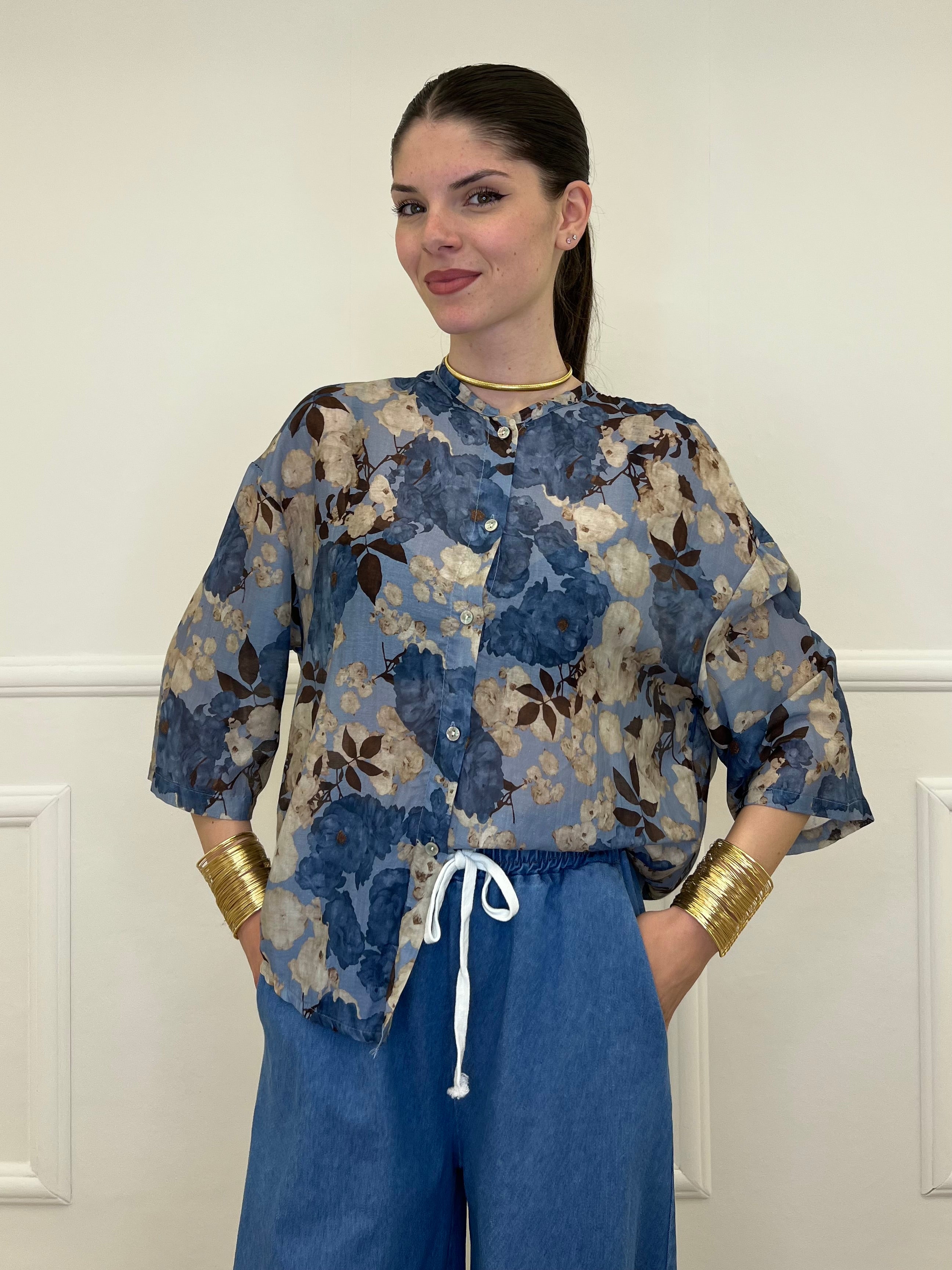 Camicia Fiori Cotone e Seta 93-242 Avio