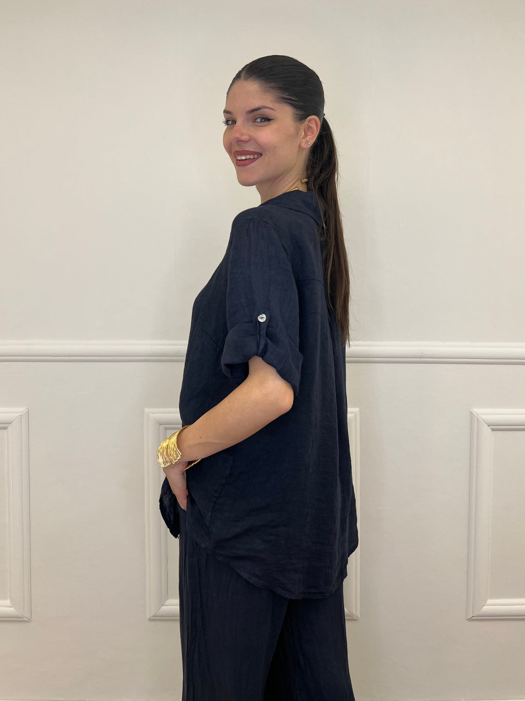 Camicia Maniche 3/4 in Lino 89517 Blu