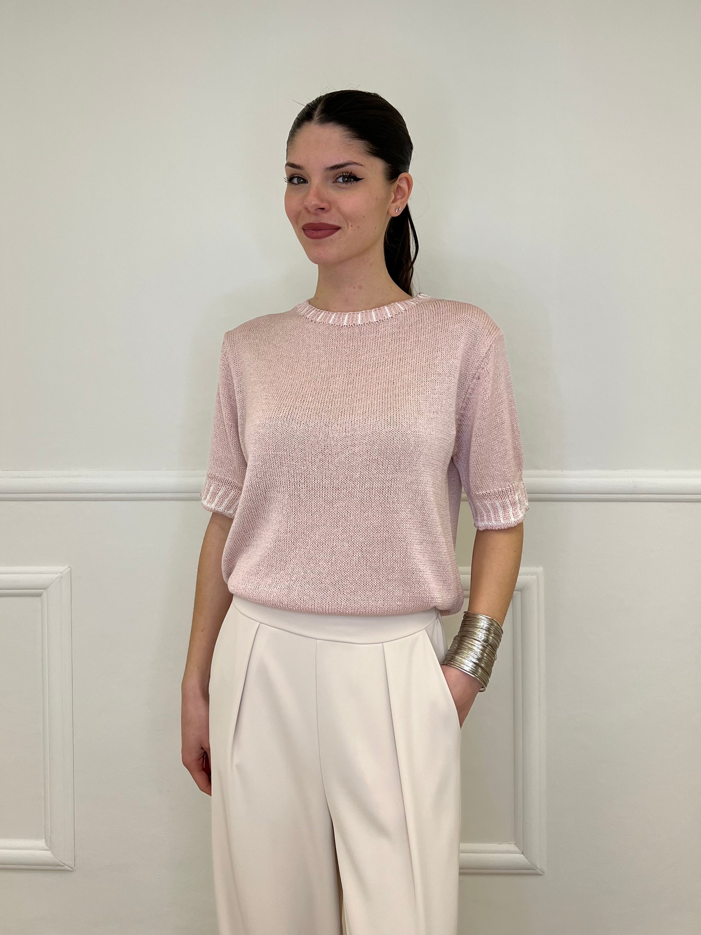 Maglia Profili a Contrasto 2780 Rosa e Bianco